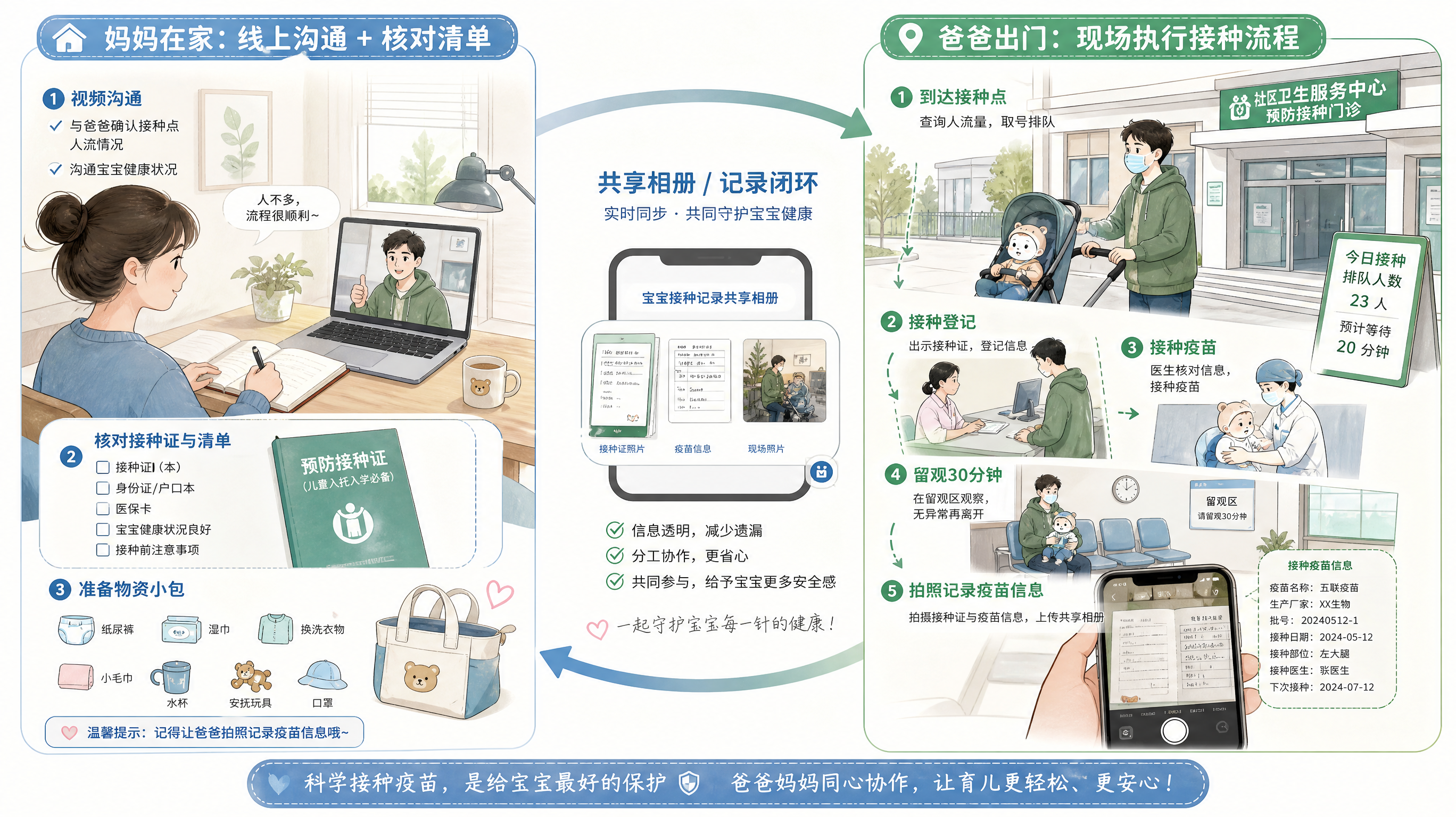 清爽手绘信息图风格插画，画面分为左右两栏对照流程图：左侧是中国年轻妈妈在家中书桌前开视频会议并查看接