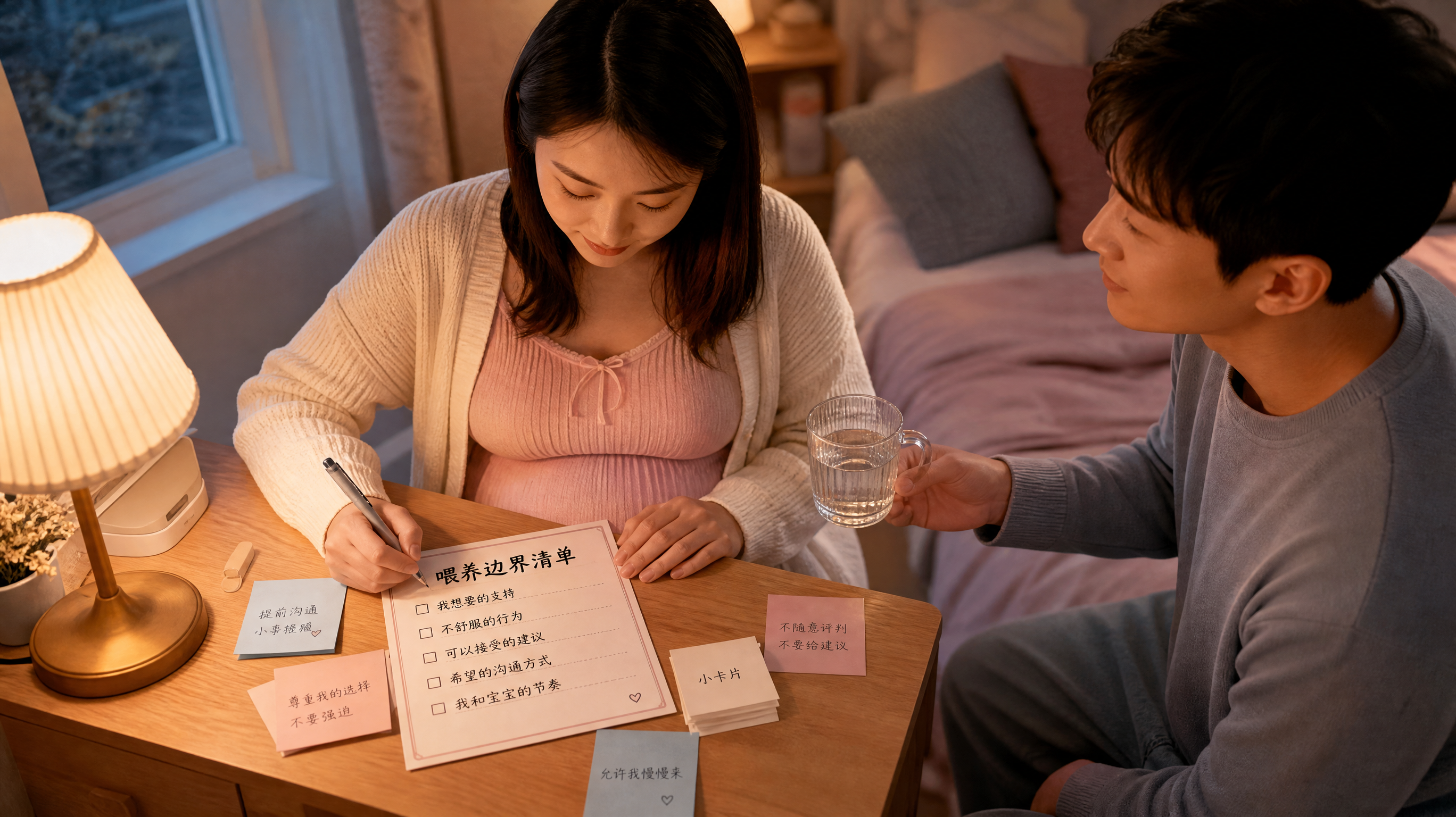 中国年轻准妈妈坐在卧室床边的小桌前，穿柔软家居服，正在用笔填写一张“喂养边界清单”卡片，旁边放着雾蓝