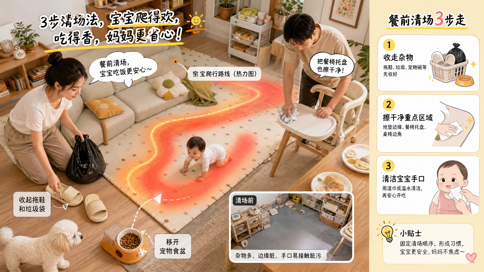 中国家庭客厅场景，地面铺有爬行垫与地毯，一位中国年轻妈妈在餐前整理客厅：收起拖鞋和垃圾袋、移开宠物食