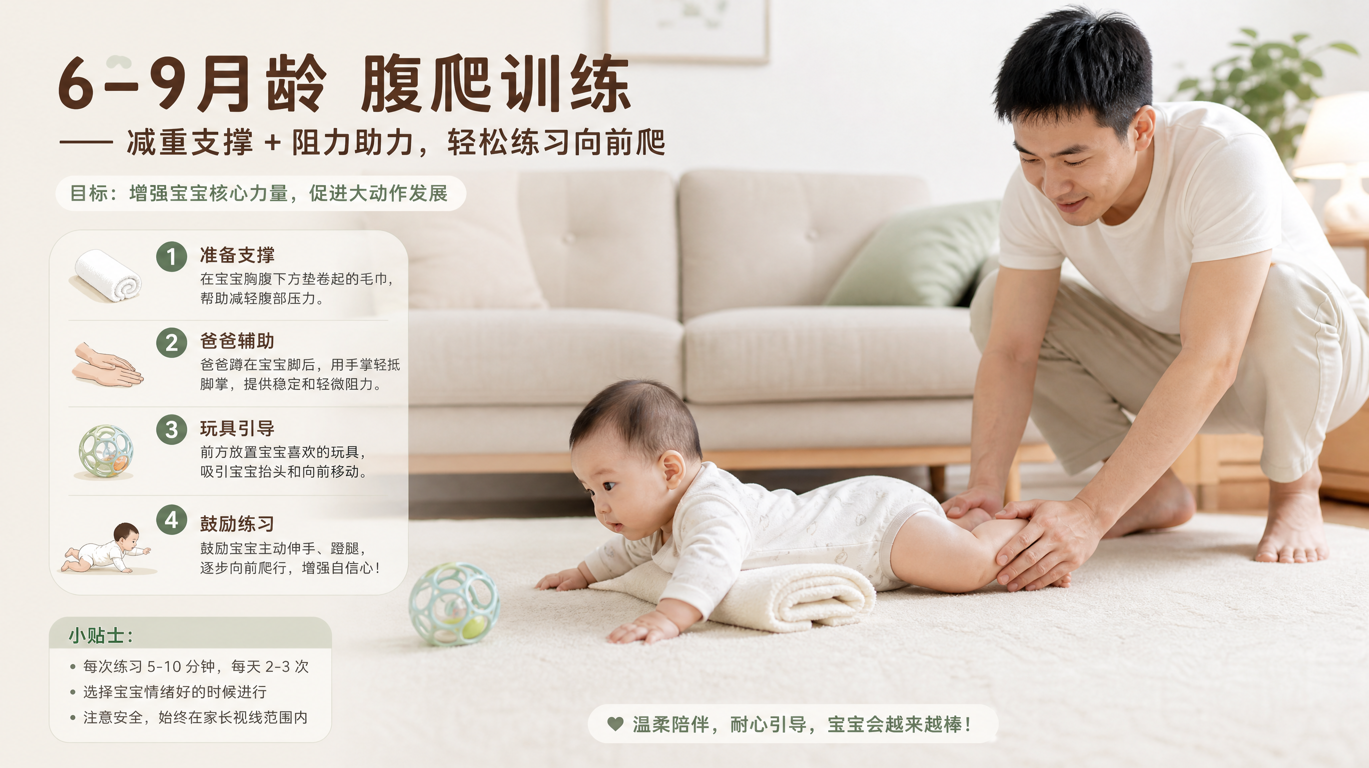 6-9个月趴着只后退转圈？别拉手走，先做这2步