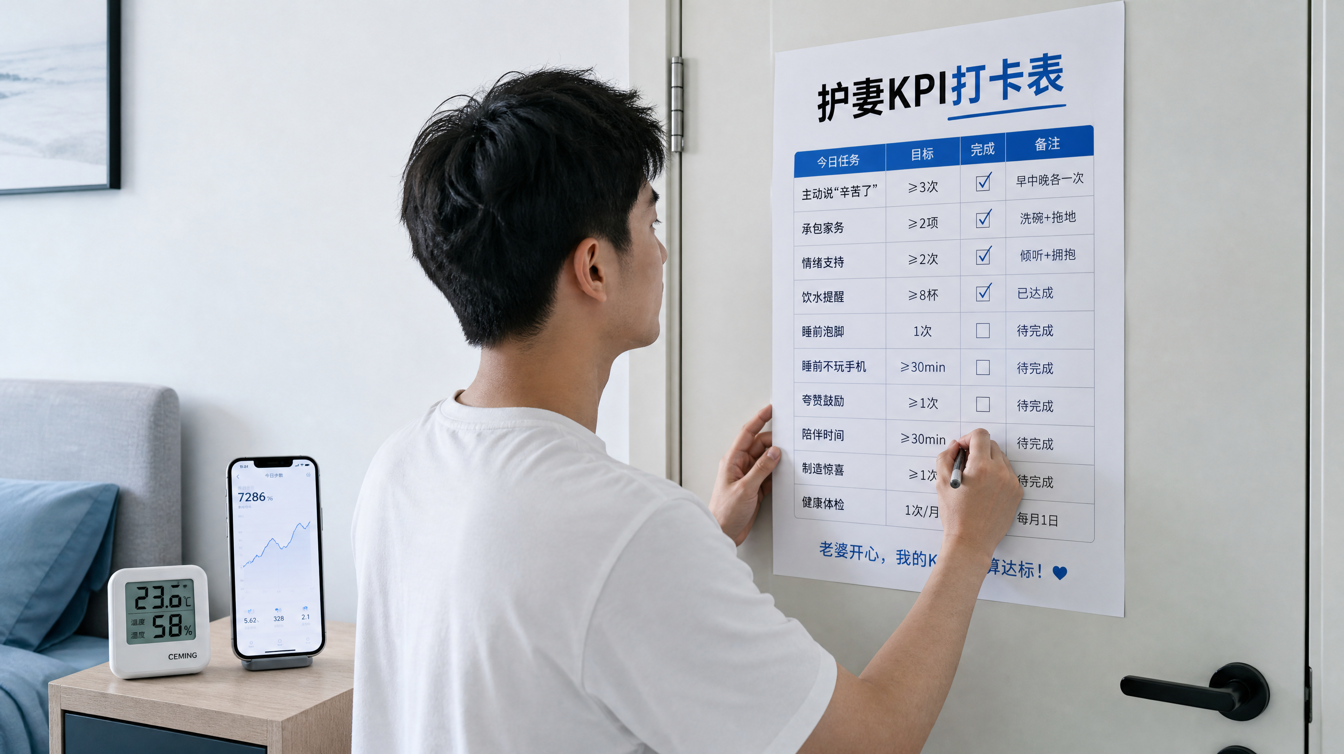 中国年轻爸爸在卧室门背面贴着一张“护妻KPI打卡表”，手拿笔正在打勾记录；旁边是一台带屏幕的温湿度计