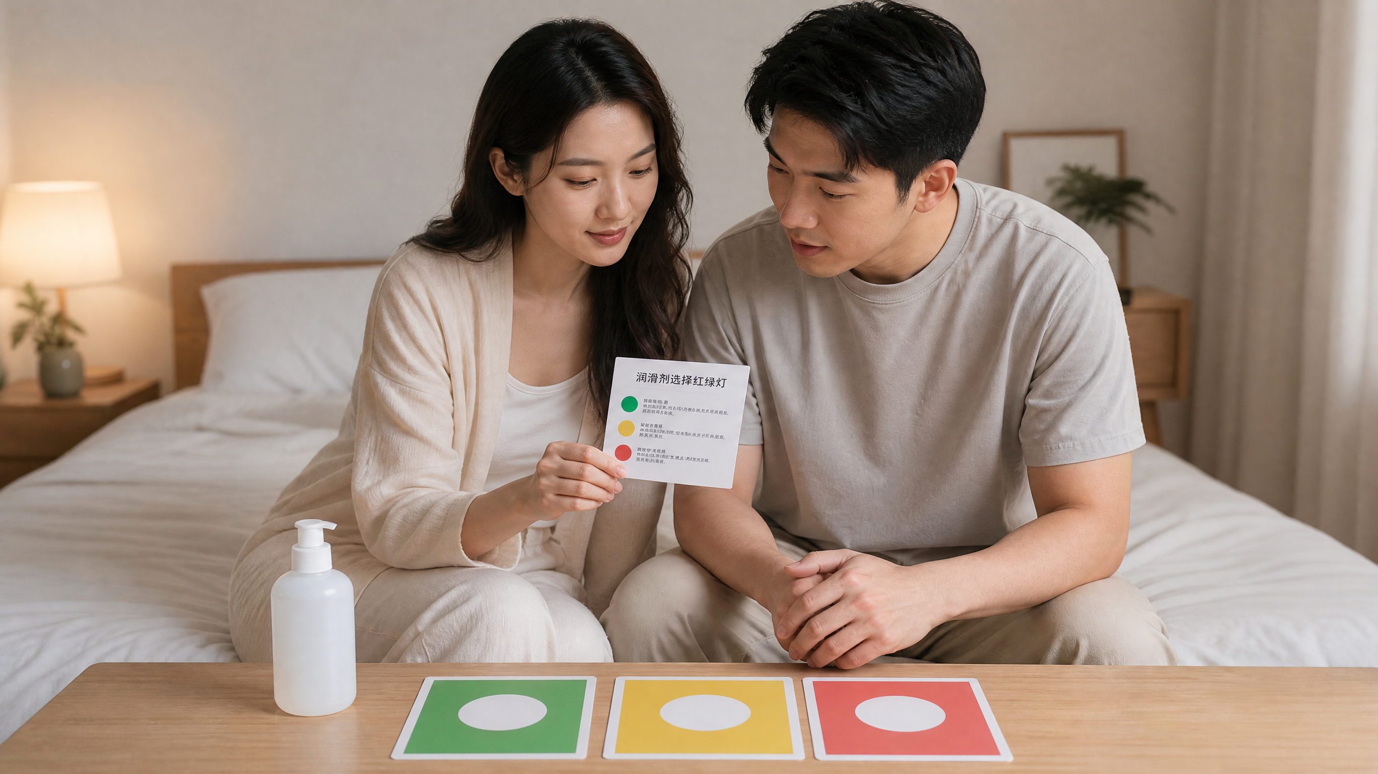 中国年轻夫妻在卧室床边的柔和场景中一起查看“润滑剂选择红绿灯”卡片清单，女性坐在床沿手拿简洁卡片，男