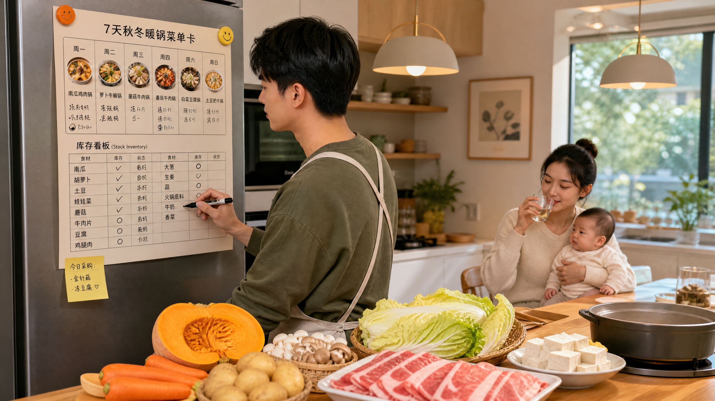 中国年轻三口之家厨房场景,年轻爸爸在料理台前查看一张贴在冰箱门上的“7天秋冬暖锅菜单卡+库存看板”,