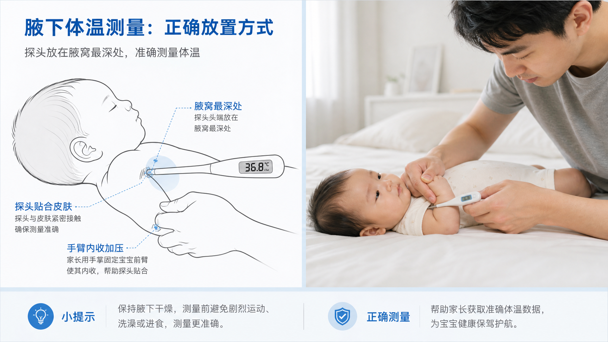 极简医疗风信息图场景，中国新生儿躺在家中床上，中国年轻爸爸用手掌固定宝宝前臂使其内收，数字体温计探头