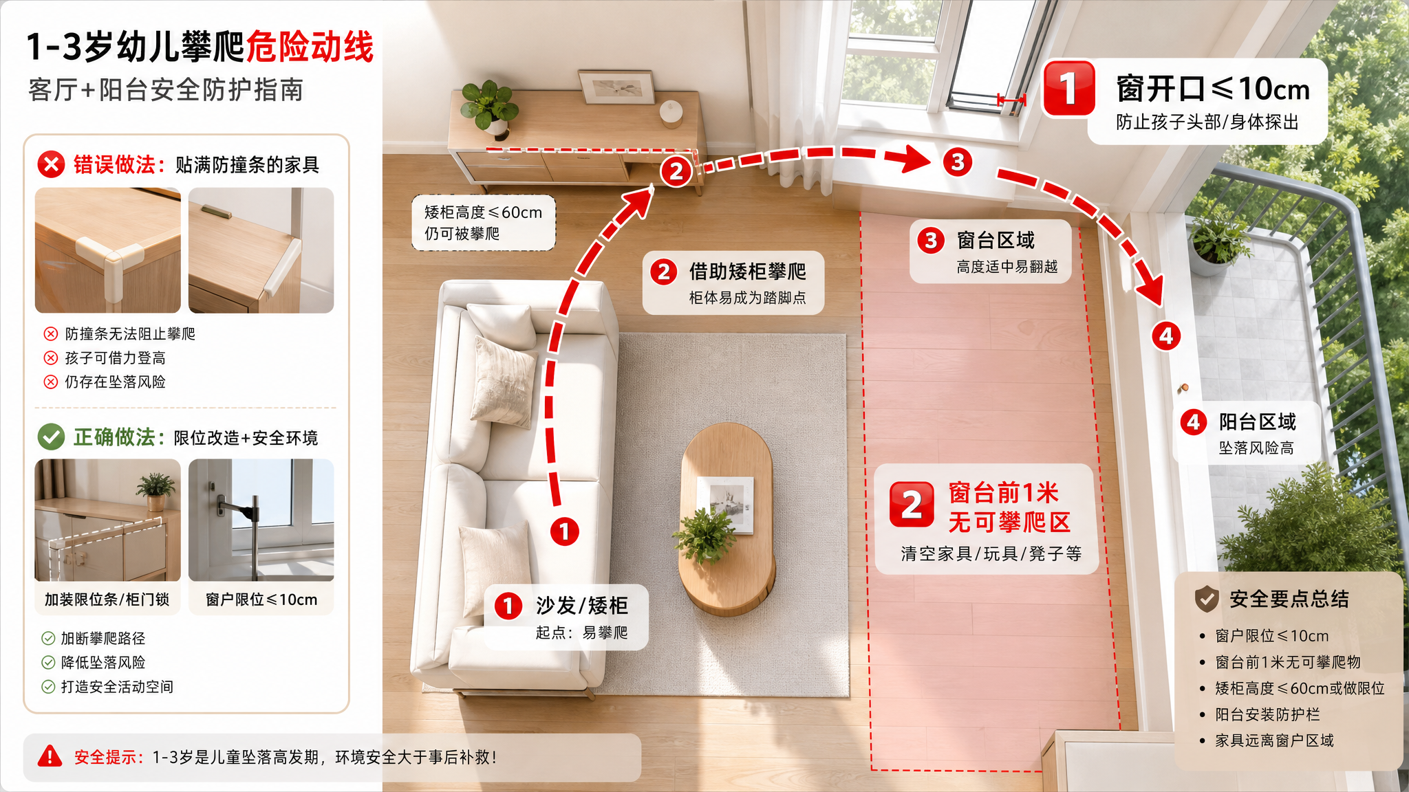 俯视角户型平面示意图风格的家庭客厅+阳台场景,画面中用红色箭头标出中国1-3岁幼儿从沙发/矮柜攀爬到