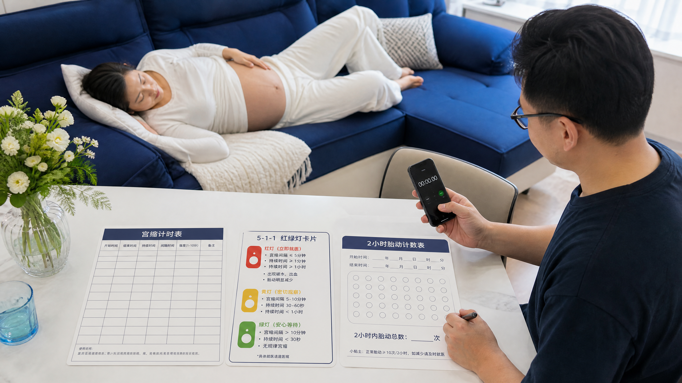 中国年轻准爸爸与孕晚期中国孕妈在家中餐桌旁做记录，准爸爸拿着手机计时器与纸质表格，孕妈左侧卧在沙发上