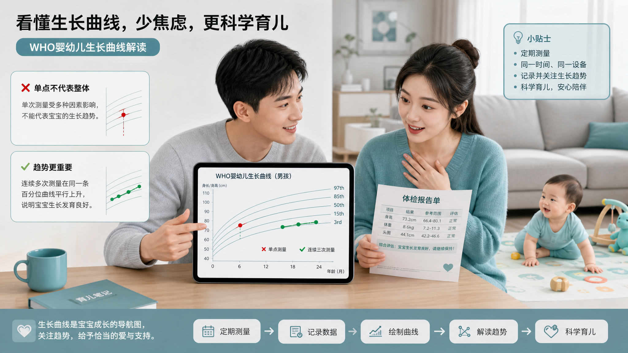 中国年轻父母在家中餐桌旁查看WHO婴幼儿生长曲线记录，爸爸用平板电脑展示一张简洁的生长曲线图，图中有