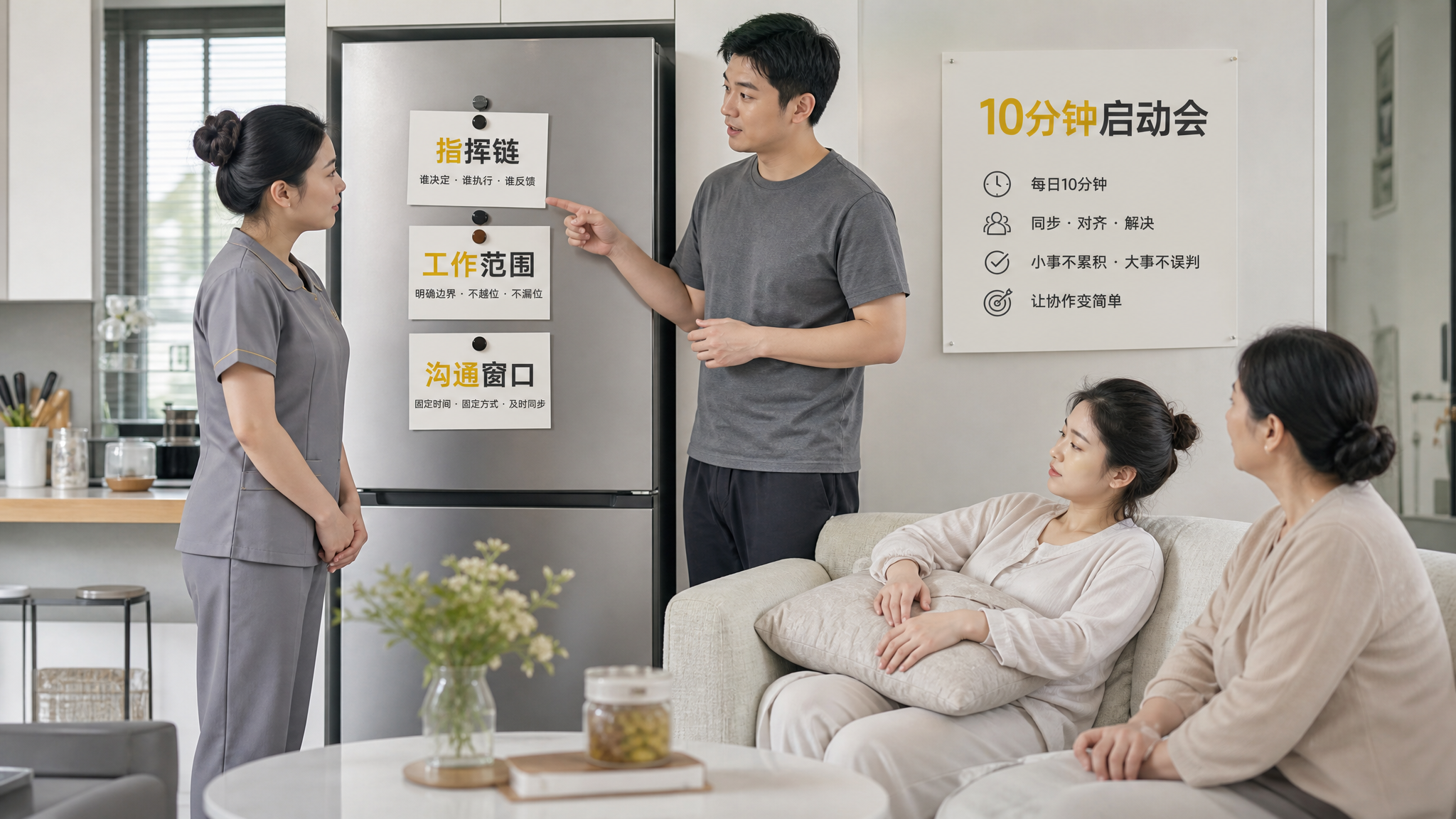 中国家庭室内场景，明亮整洁的厨房与客厅连接处，冰箱门上贴着三张简洁便签卡片（写着“指挥链”“工作范围