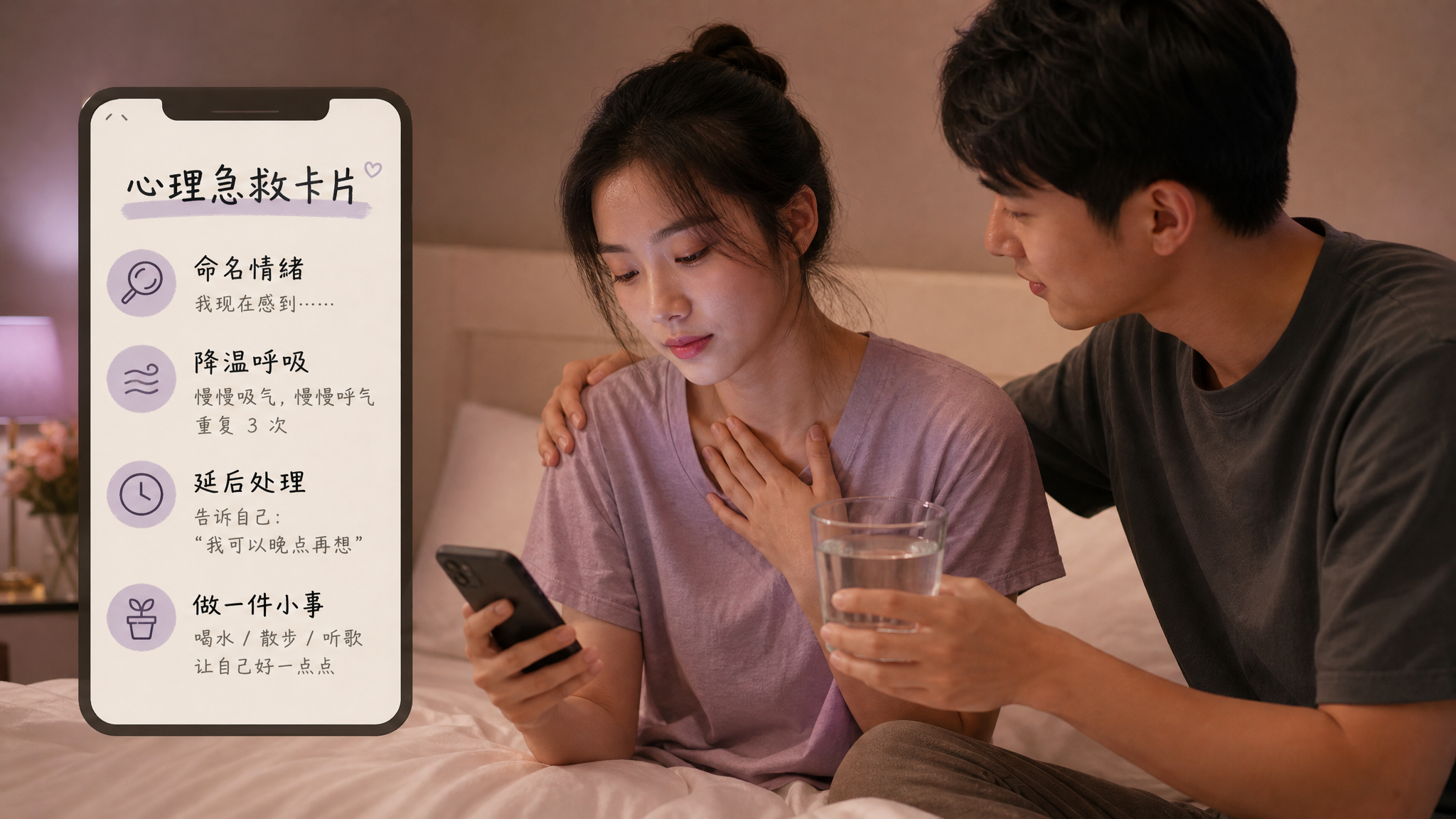 中国年轻夫妻在夏末夜晚的卧室里，室内有柔和暖灰与雾紫色调的小台灯光，女方坐在床边手握手机备忘录深呼吸