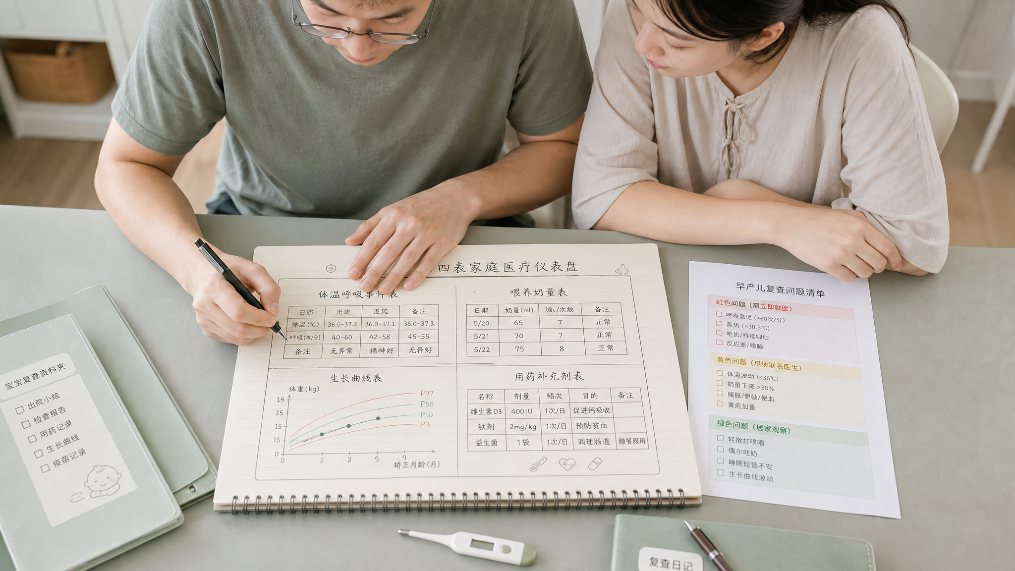 中国年轻爸爸和中国年轻妈妈在家中餐桌前共同整理早产儿复查资料，爸爸手持笔在手账本上绘制“四表家庭医疗
