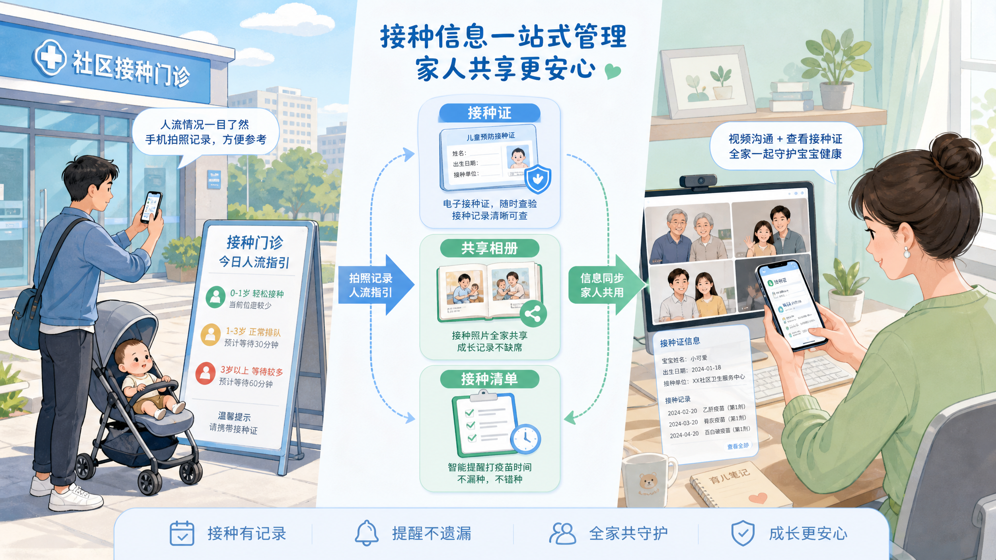 清爽手绘风信息插画，场景为社区接种门诊与办公室的拼接画面：左侧中国年轻爸爸推婴儿车在接种门诊门口查看