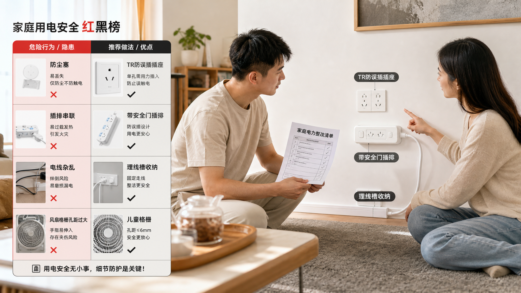 中国家庭客厅场景,一对中国年轻父母在地毯旁进行家庭用电安全检查,父亲手持“家庭电力整改清单”纸张,母