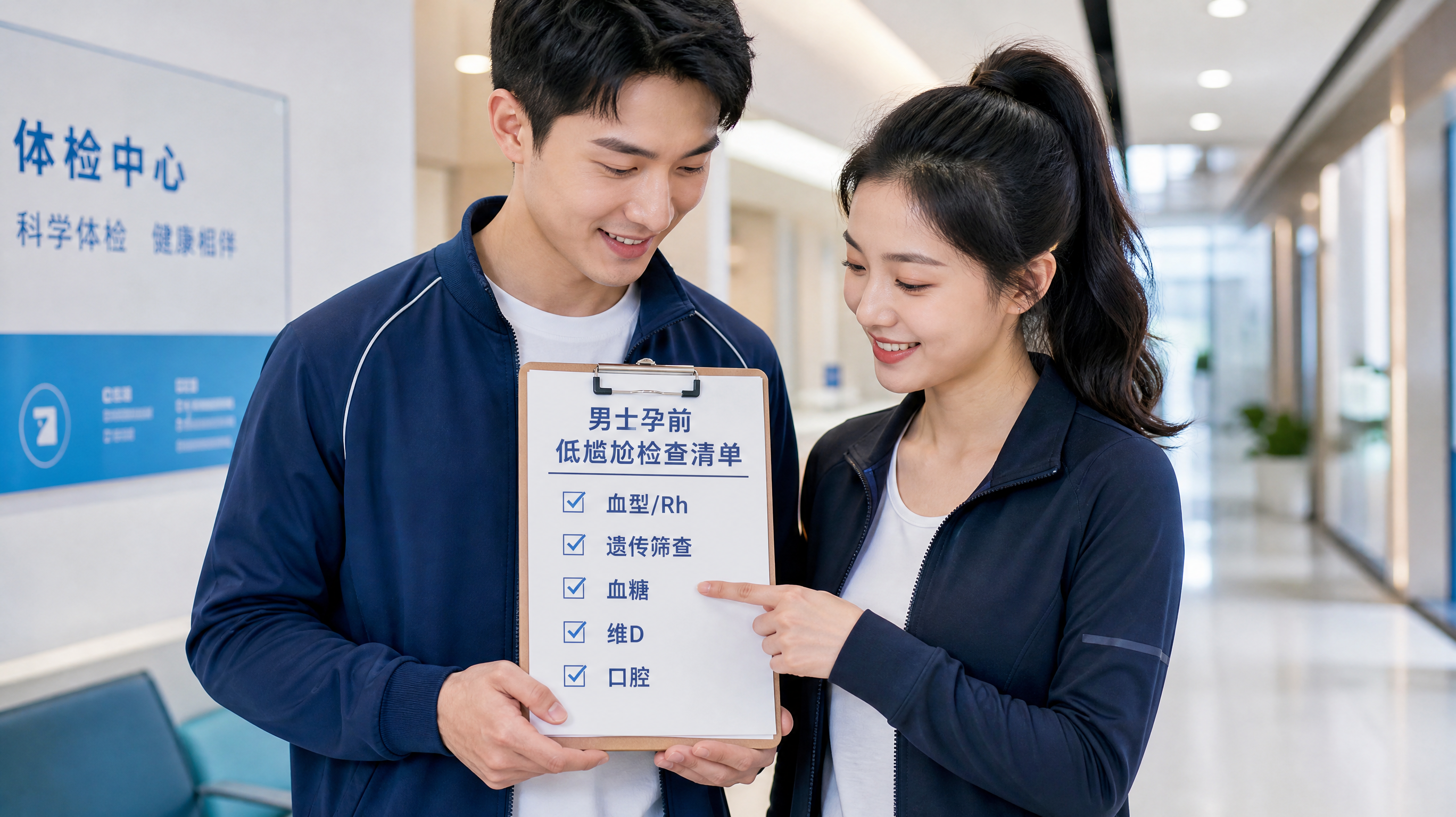 中国年轻夫妻在医院体检中心的走廊里并肩站立，男性手持体检清单板夹，女性指向清单上“血型/Rh、遗传筛