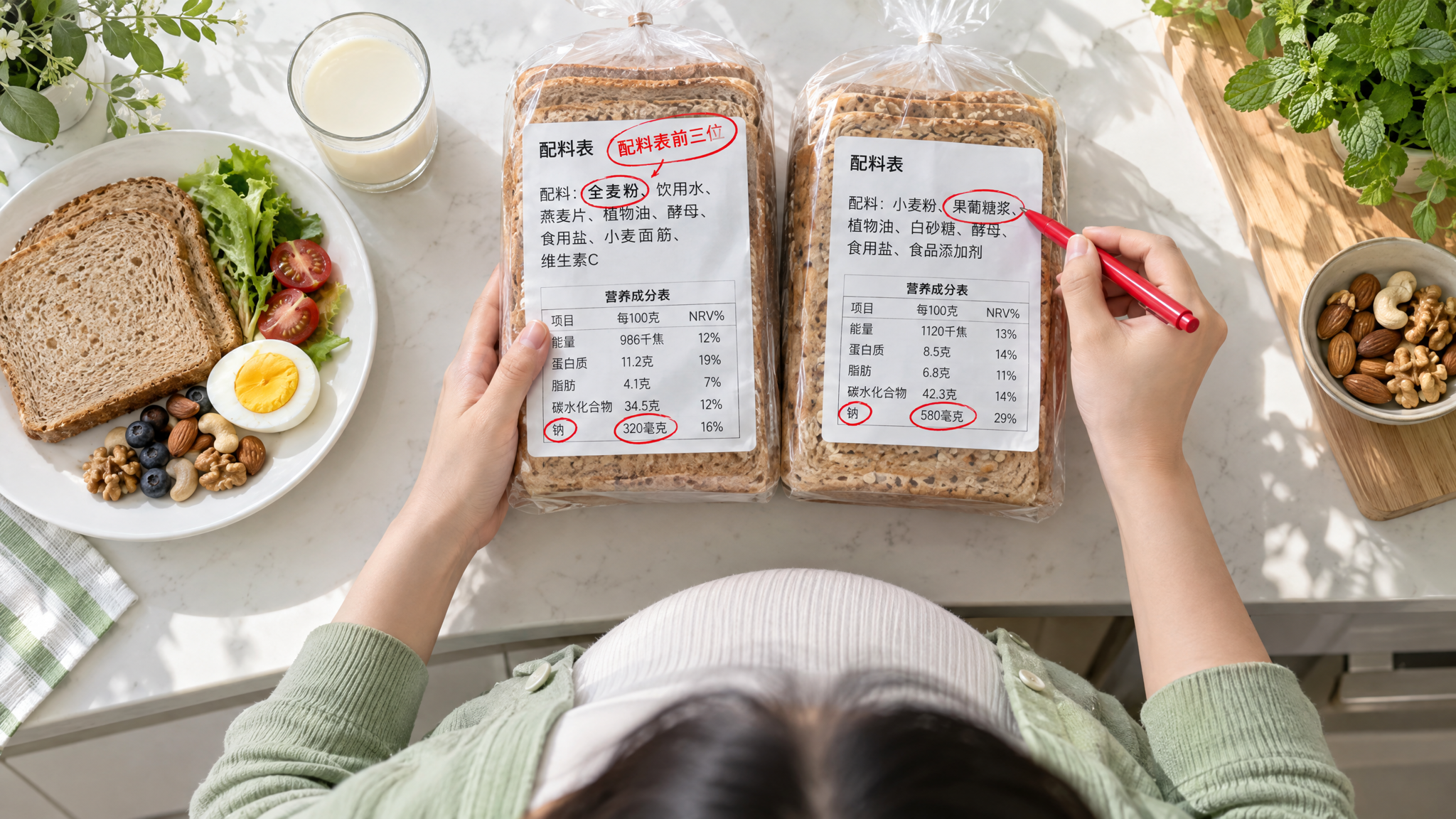 俯拍构图,中国孕妈在明亮整洁的厨房台面上进行面包配料表对比,人物双手拿着两包全麦吐司包装并用红色记号