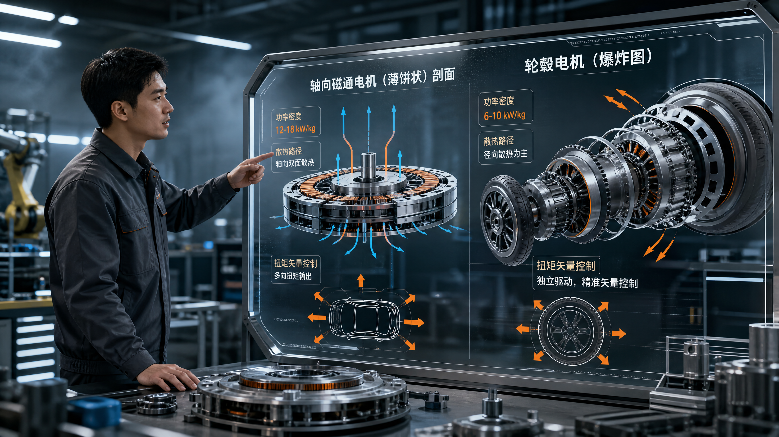 工业硬核风格科普插画场景,中国男性汽车工程师在现代实验室/车间环境中站在工作台前,手指指向一块透明展