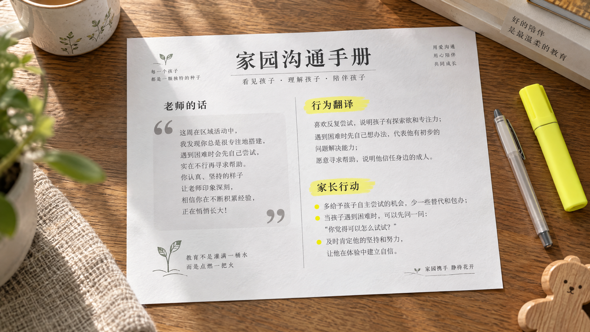 杂志档案风格的画面，一张放在木质书桌上的“家园沟通手册”纸张特写，左侧用灰色引号排版的中文教师评语，