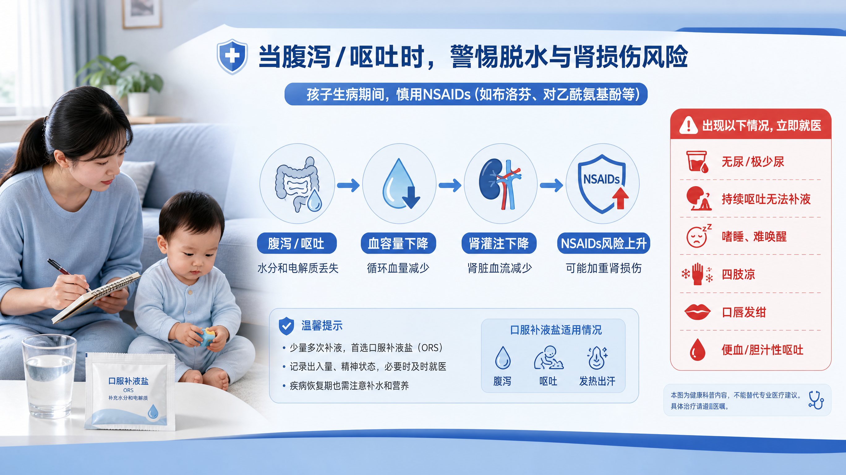 蓝色系医疗科普信息图风格画面,中国婴幼儿在家中沙发旁由中国年轻妈妈照看,妈妈手拿记录本,旁边有水杯和