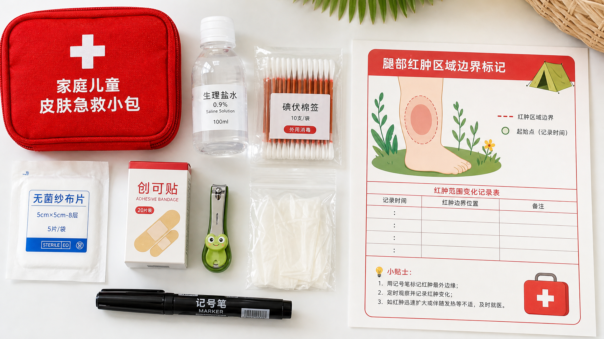 俯拍平铺构图,一张白色桌面上摆放家庭儿童皮肤急救小包物品:生理盐水小瓶、碘伏棉签、无菌纱布、创可贴、