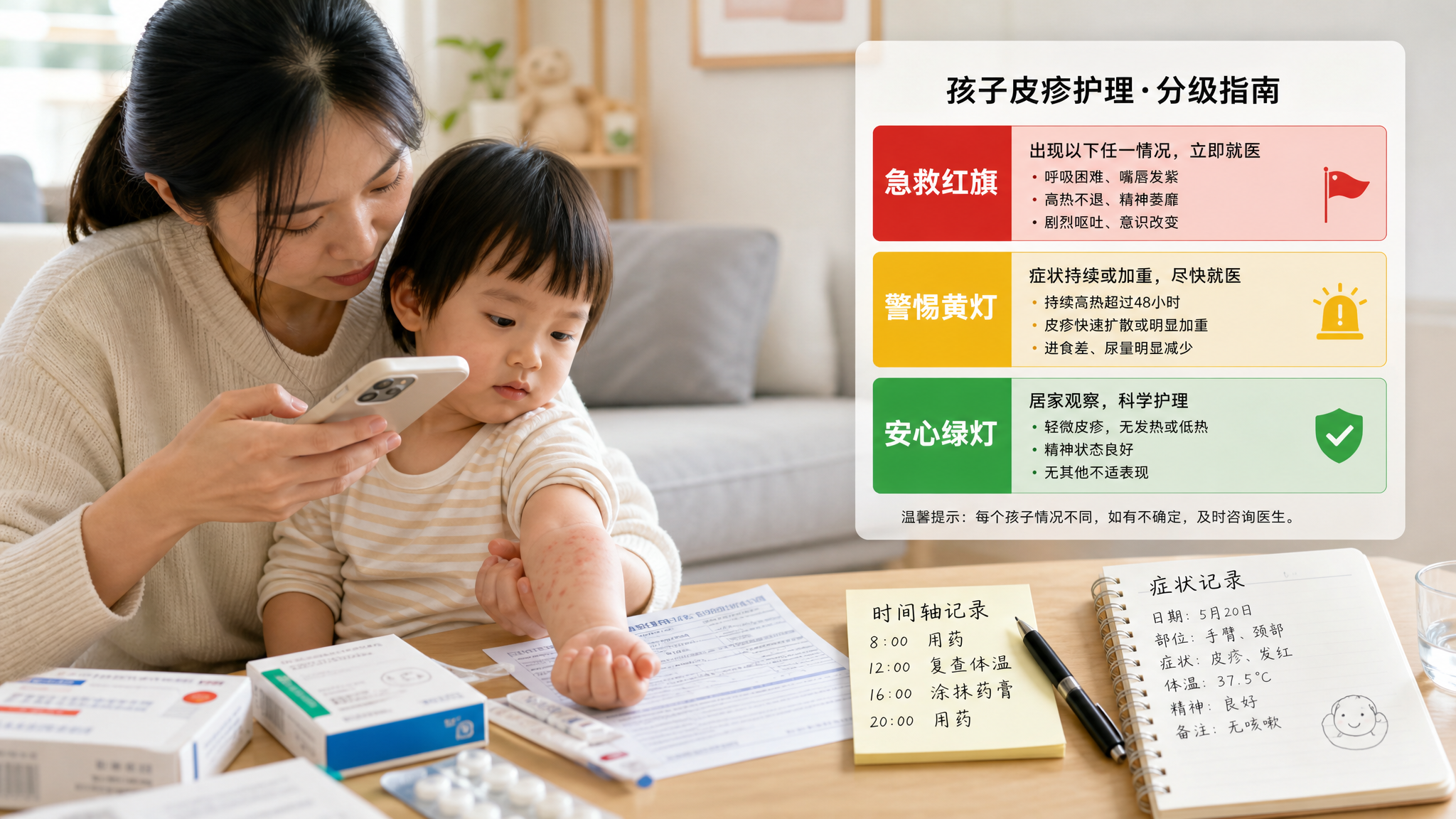 中国年轻妈妈在家中明亮整洁的客厅里,抱着一名中国幼儿,妈妈一手拿手机给孩子手臂上的红疹做近景拍照,另