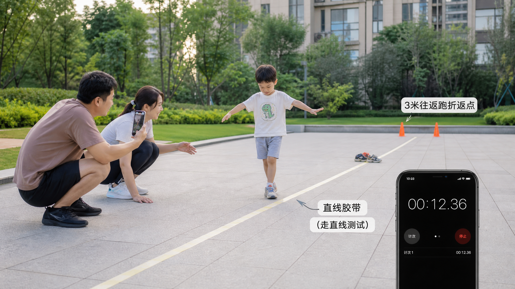 夏季傍晚户外小区空地场景,中国年轻父母陪同一名4-5岁中国儿童进行家庭步态筛查,地面贴一条直线胶带作