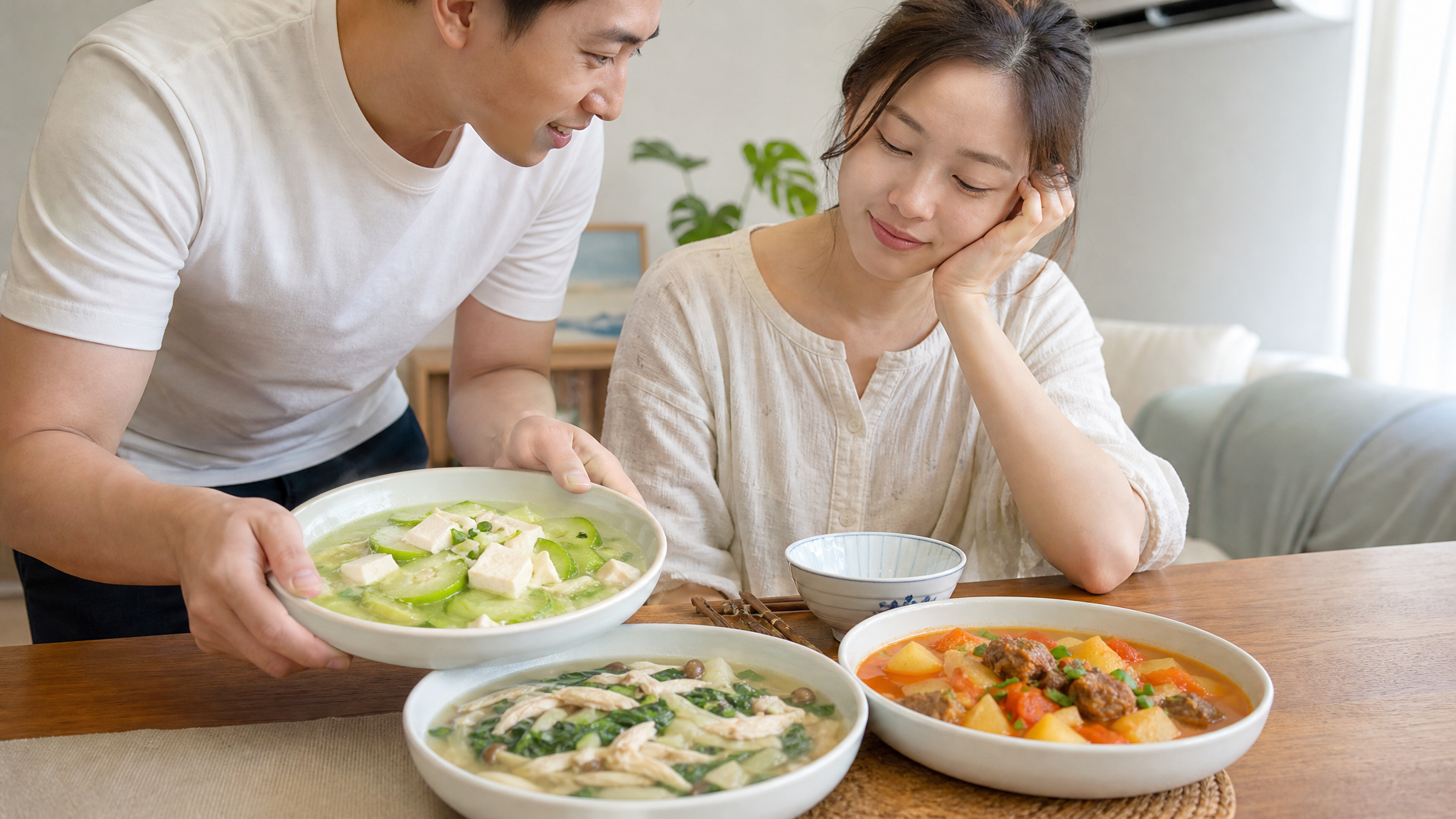 中国年轻妈妈在夏季明亮干净的家中餐桌旁坐着，神情疲惫但放松，旁边中国年轻爸爸端上三道温热熟软带汤汁的