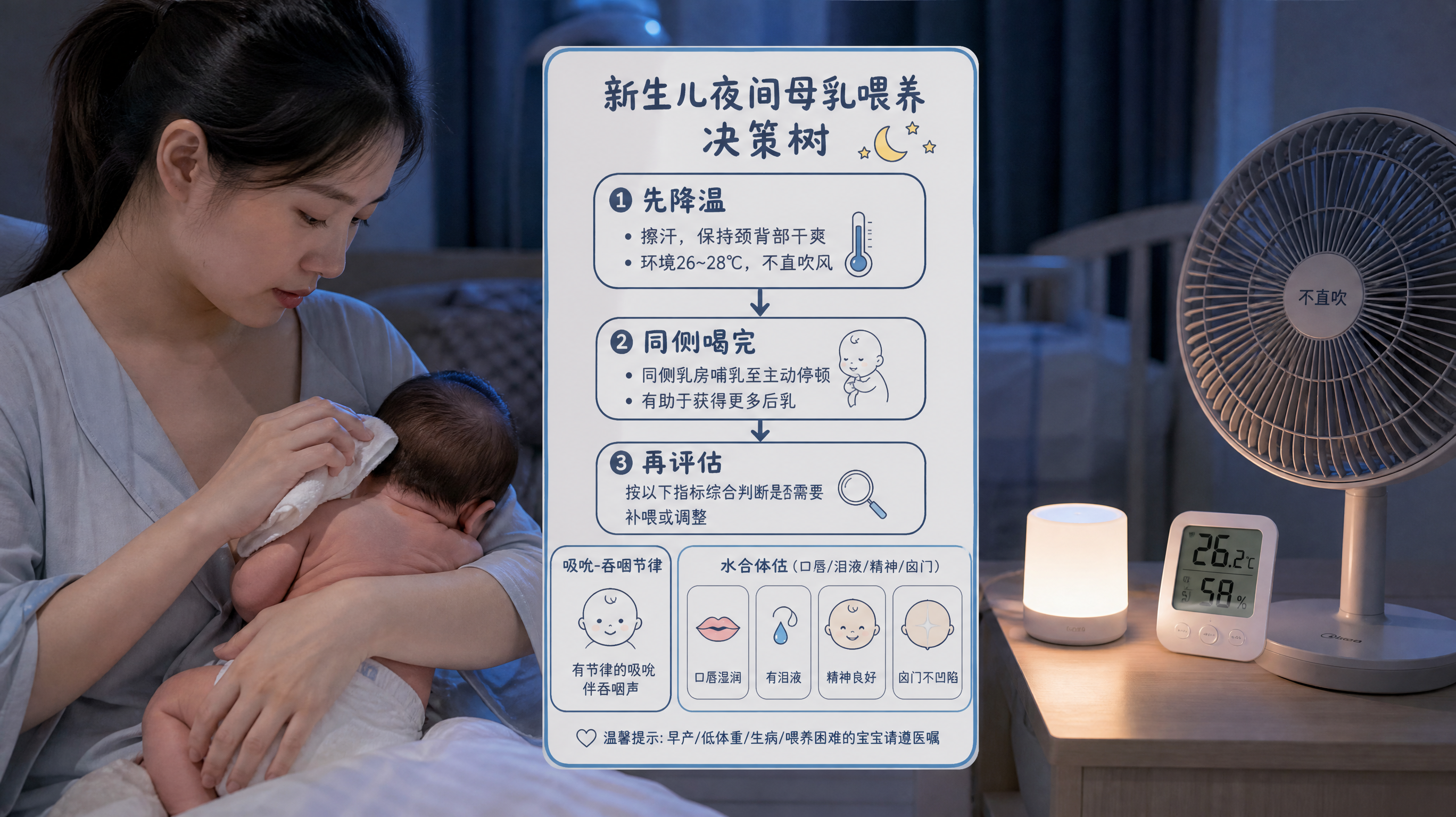 中国年轻妈妈在夜间卧室里抱着中国新生儿准备母乳喂养,旁边有不直吹的风扇与温度计,妈妈先用干净小毛巾轻
