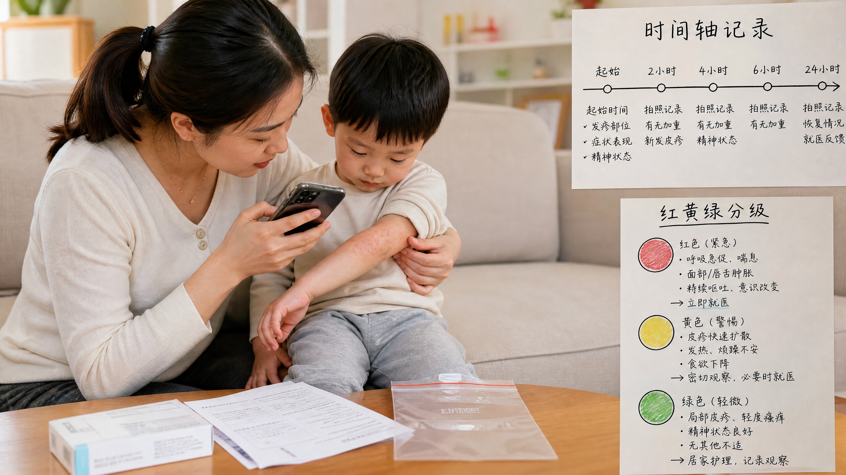 中国年轻妈妈在家中明亮客厅里抱着中国幼儿,另一只手拿手机对孩子手臂皮疹进行近距离拍照记录,旁边茶几上