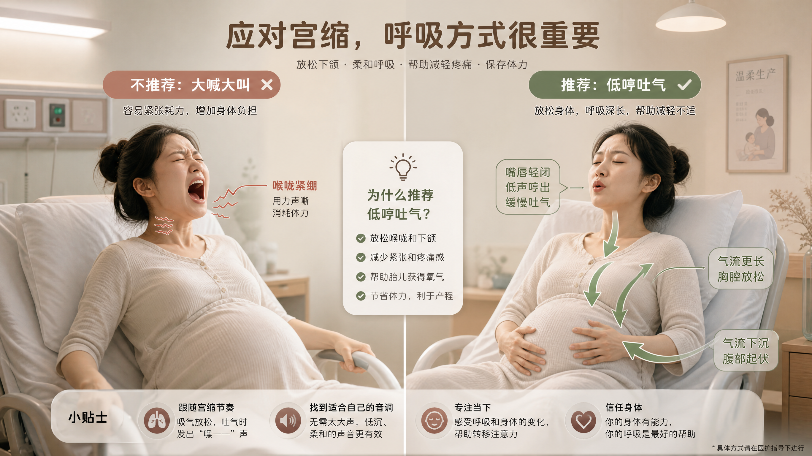 中国产房待产室场景的科普插画风配图，画面左右对比构图：左侧为产妇在宫缩时张口尖叫，喉咙位置以简洁示意