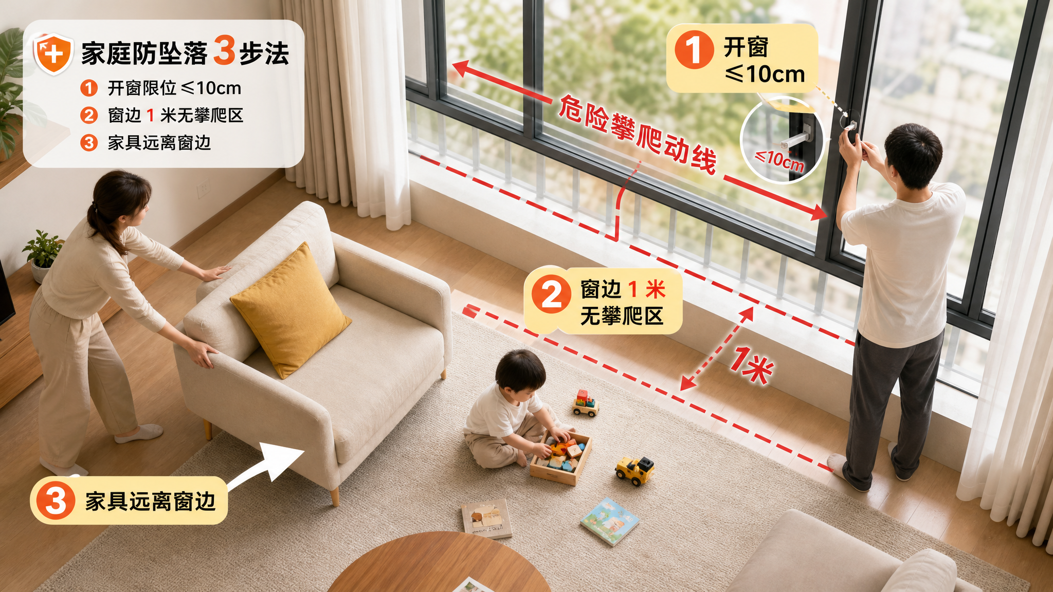 俯视角户型示意图风格的家庭客厅与阳台区域,中国家庭真实家居布局,一位中国年轻妈妈在移动沙发远离窗台,