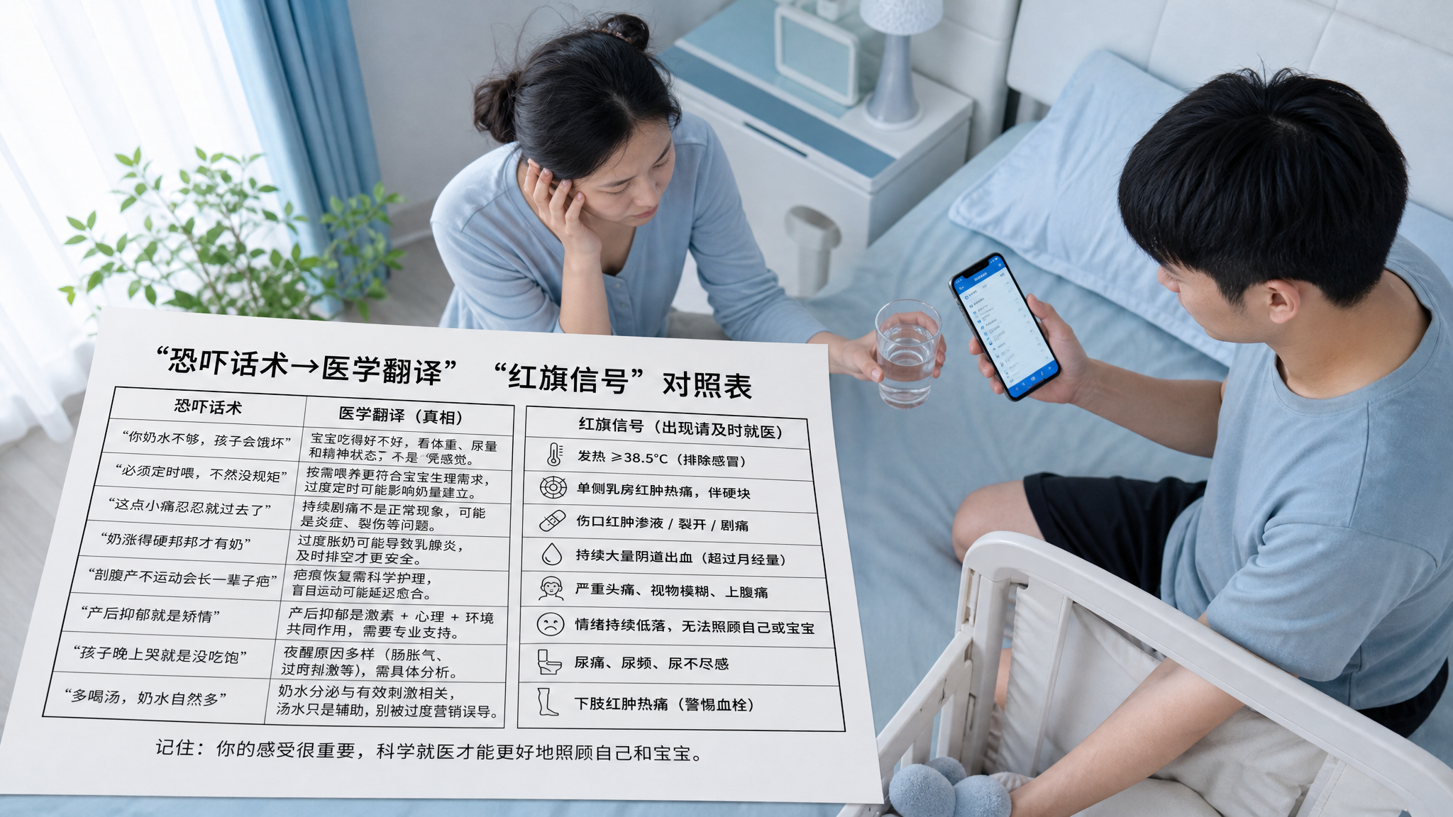 中国年轻产后妈妈坐在卧室床边，穿简洁家居服，神情疲惫但被安抚；旁边中国年轻爸爸拿着手机在预约就医，另