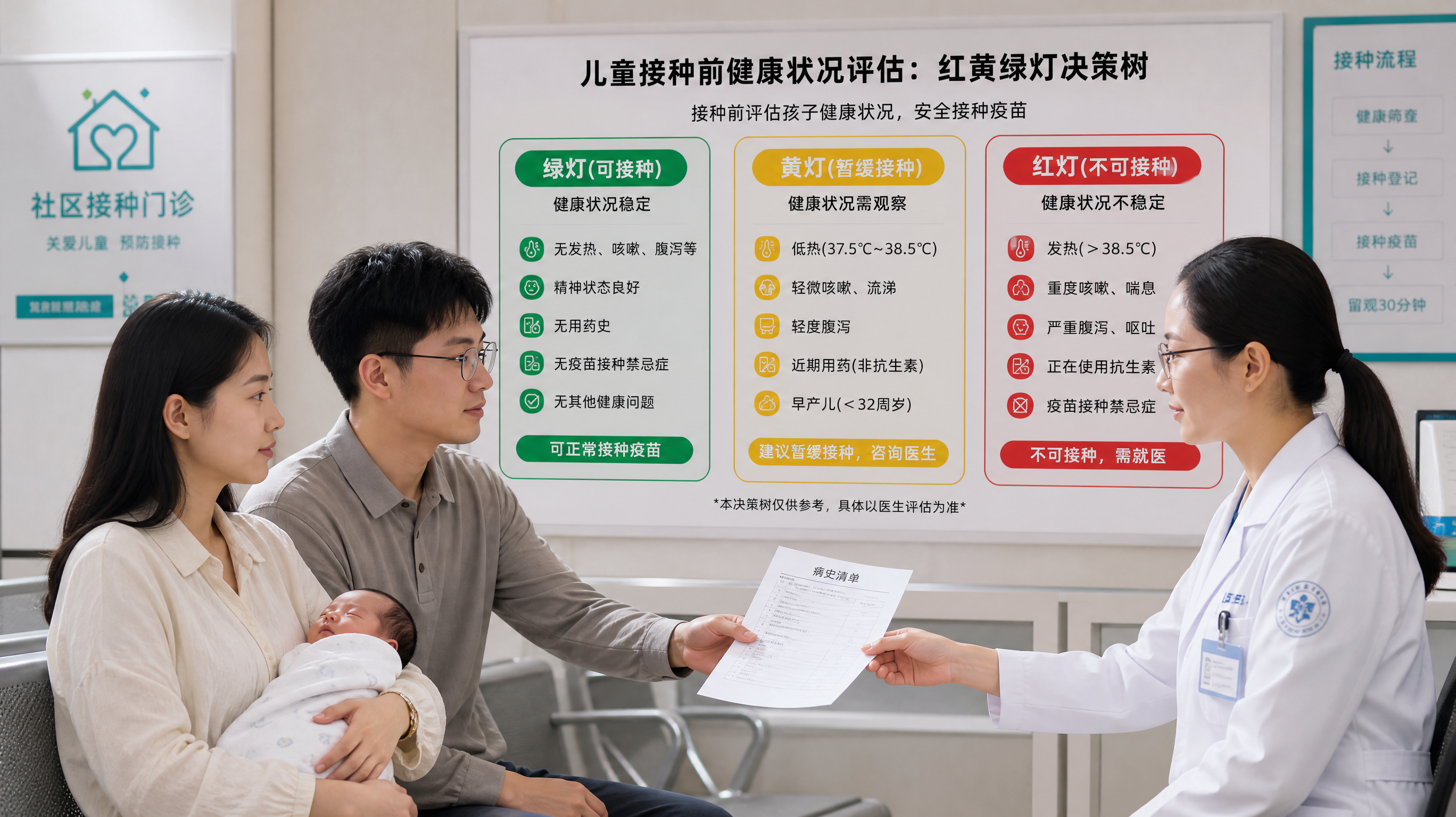 医院社区接种门诊的候诊区场景，中国年轻父母抱着襁褓中的中国新生儿坐在椅子上，父亲手里拿着一张A4纸病