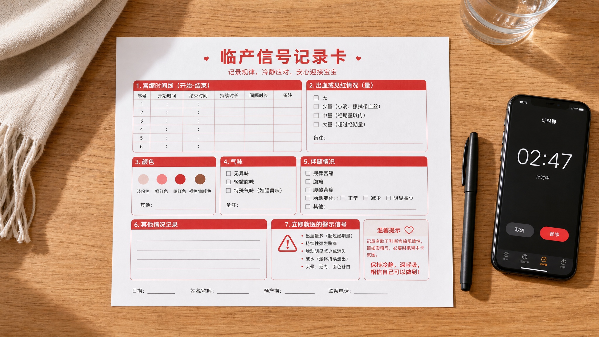 中国家庭室内场景，桌面平铺构图（flat lay），核心主体是一张A4可打印的“临产信号记录卡”纸张