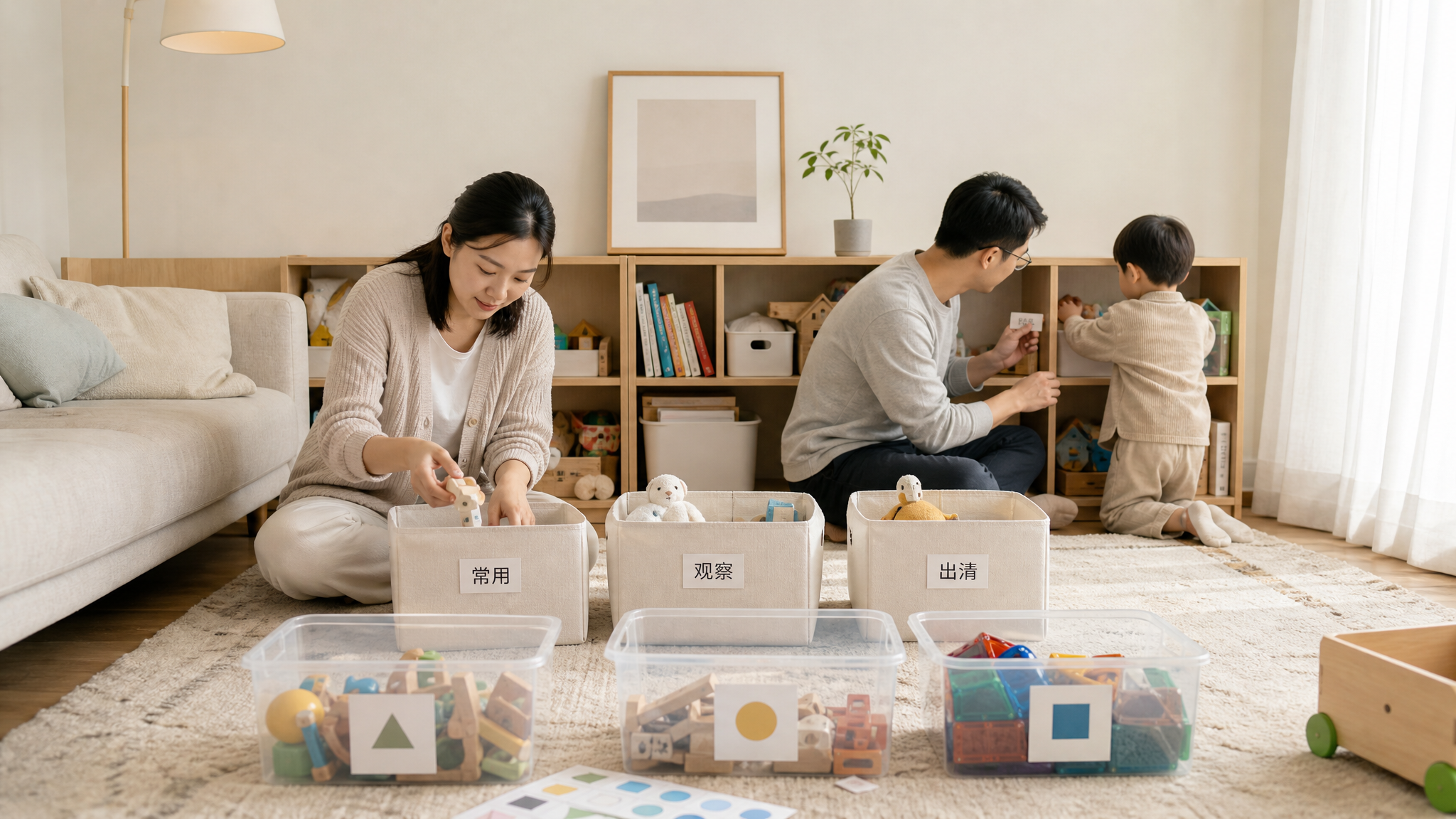 中国年轻父母在家中客厅进行玩具整理与精简，中国妈妈蹲在地毯旁把玩具分进三个标记清晰的收纳箱（常用/观