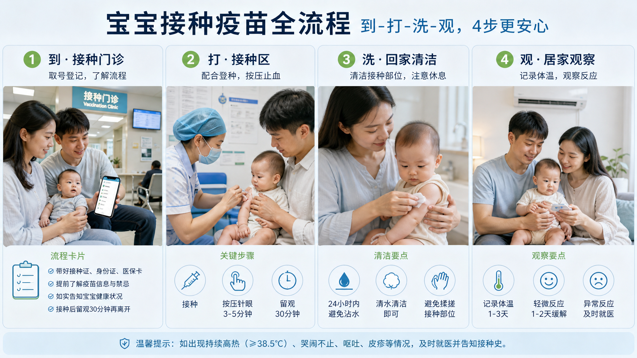 中国年轻妈妈和中国年轻爸爸带着中国婴儿在社区接种门诊与家中场景的拼接式画面，表现“到-打-洗-观”四