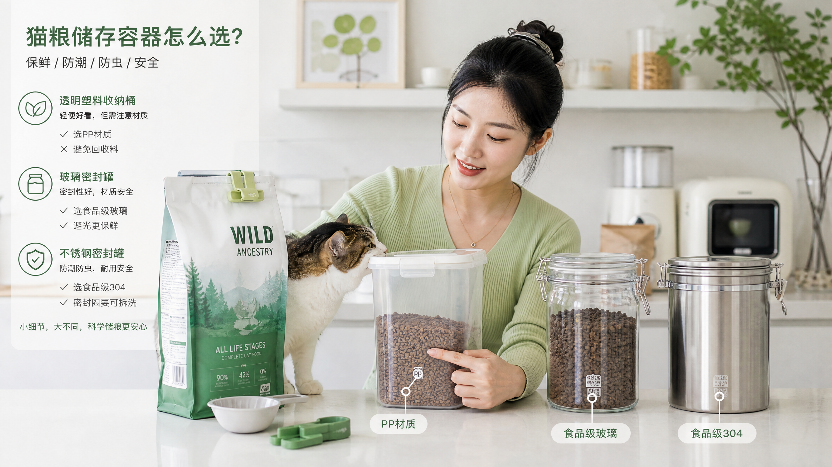 中国年轻女性在家中明亮整洁的厨房台面前,正在对比三种猫粮储存容器:透明网红塑料收纳桶、玻璃密封罐、食
