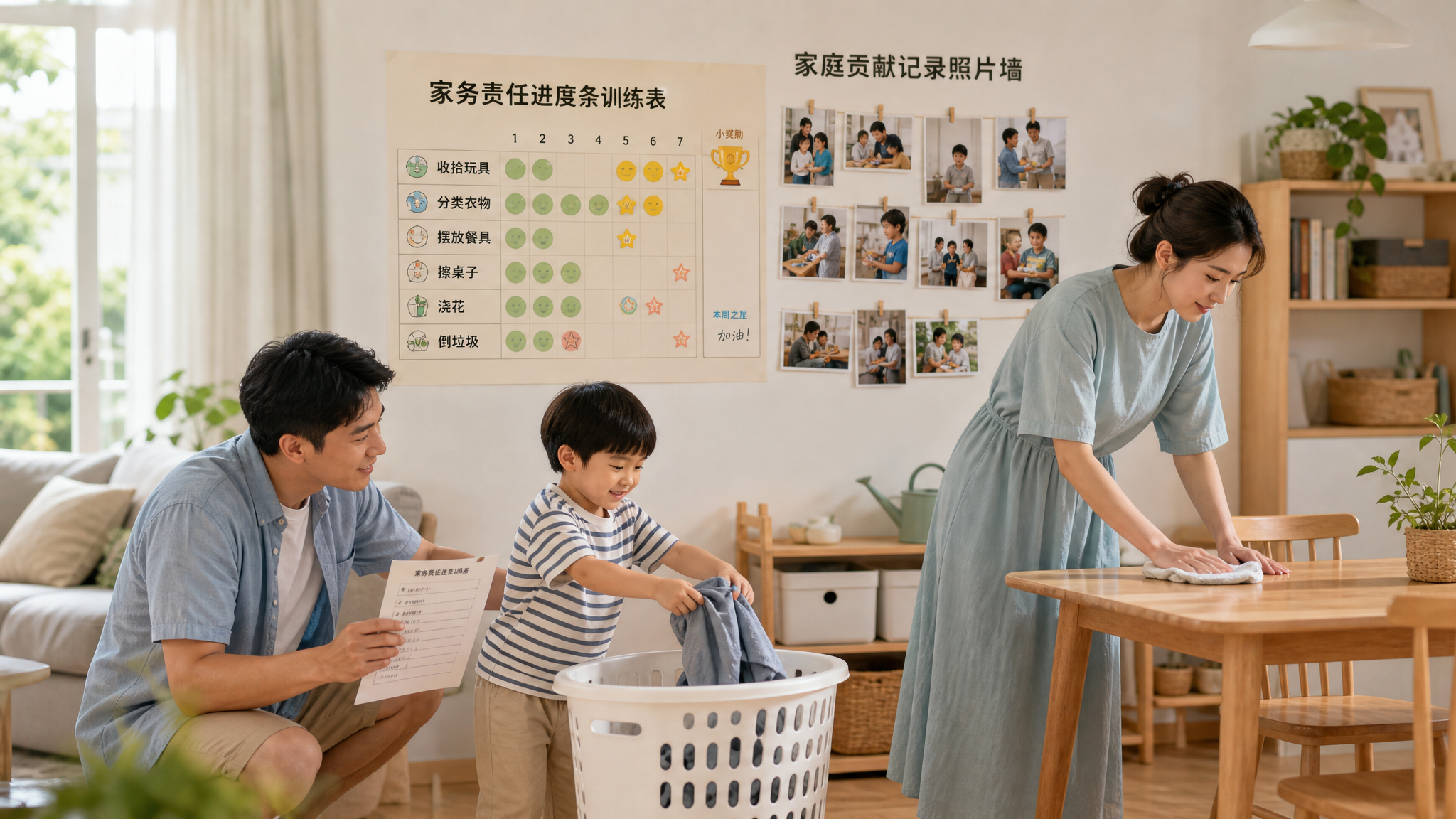 中国年轻父母与一名中国4-6岁幼儿在夏日明亮的客厅里进行家务岗位训练，孩子把脏衣服投入洗衣篮、父亲在