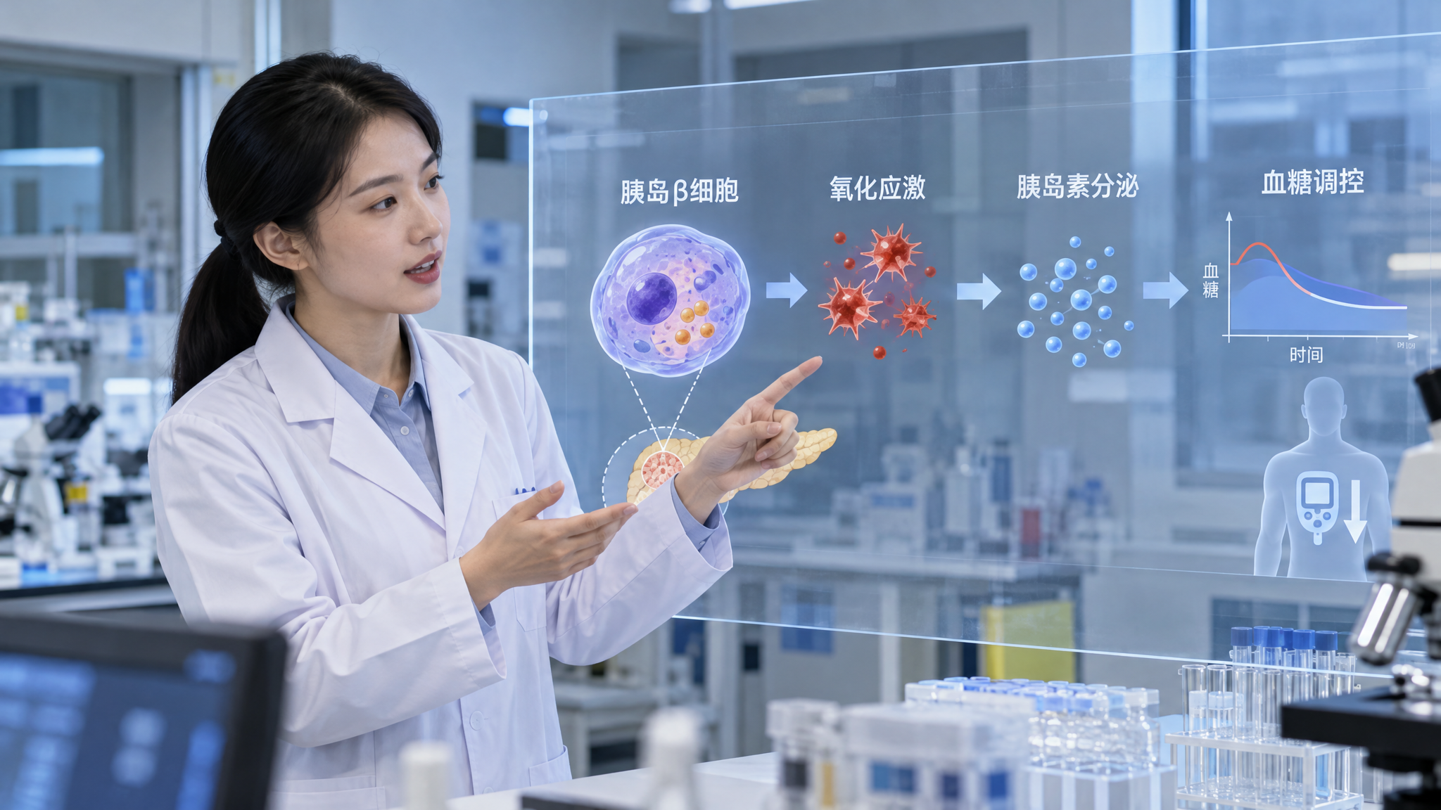 科研信息图风格画面，室内实验室背景虚化，一位中国年轻科研人员穿白大褂站在桌前指向一张展示图