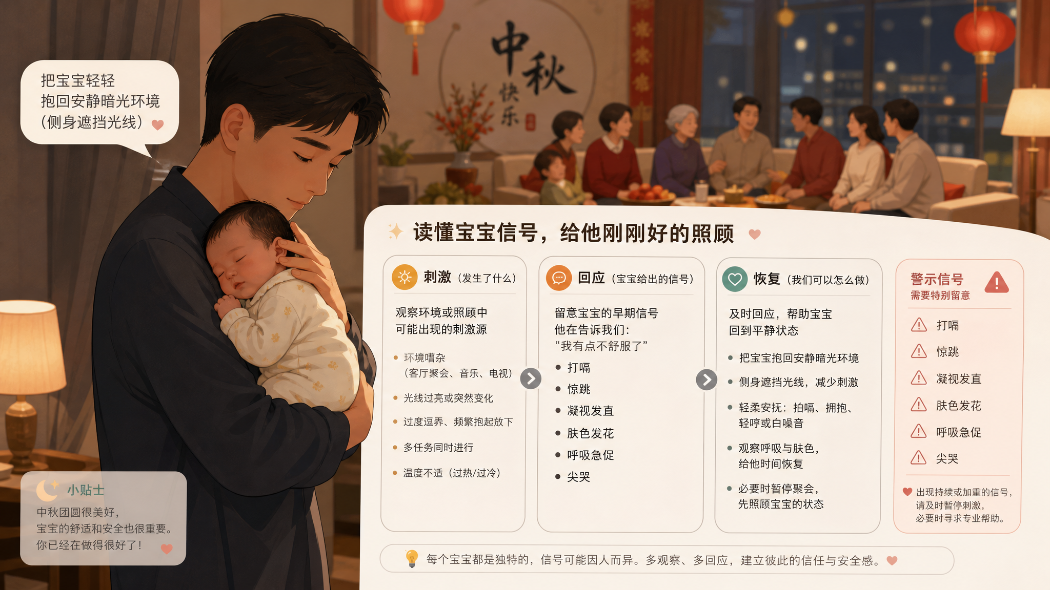 一张信息图风格插画，场景为中秋家庭客厅聚会，中国年轻爸爸抱着中国新生儿站在稍微安静的角落，远处虚化的