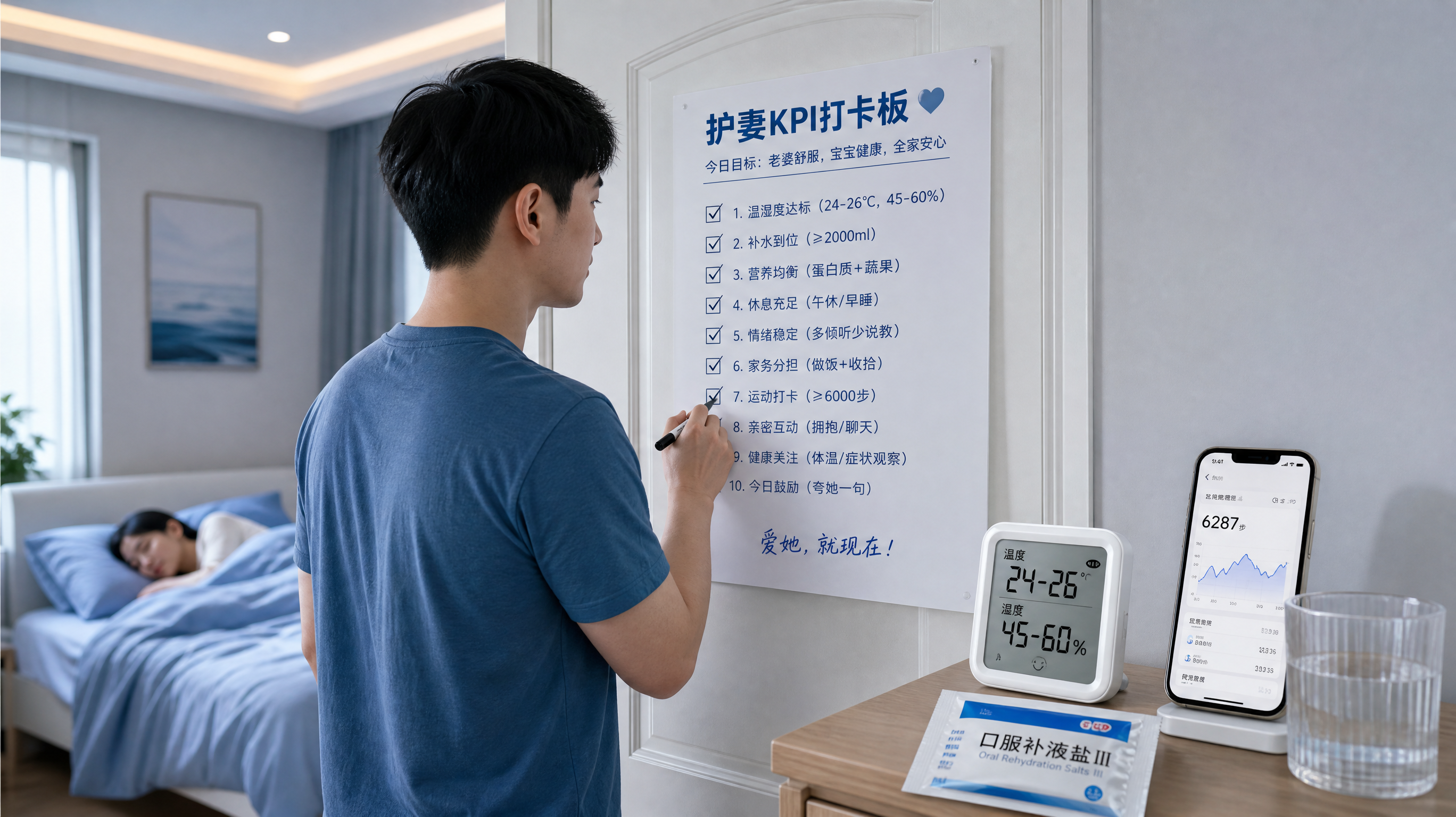中国年轻新手爸爸站在卧室门背面前，用马克笔在一张“护妻KPI打卡板”上打勾记录；旁边桌面放着温湿度计
