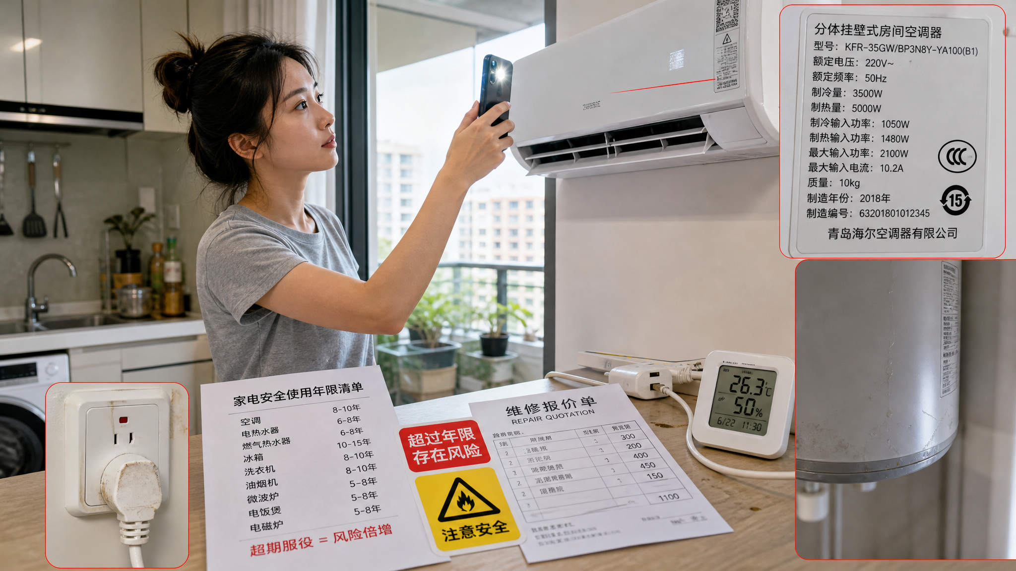 中国家庭厨房与阳台相连的生活场景，一位中国年轻女性拿着手机手电筒对着家电铭牌拍照检查，旁边桌面摆放“