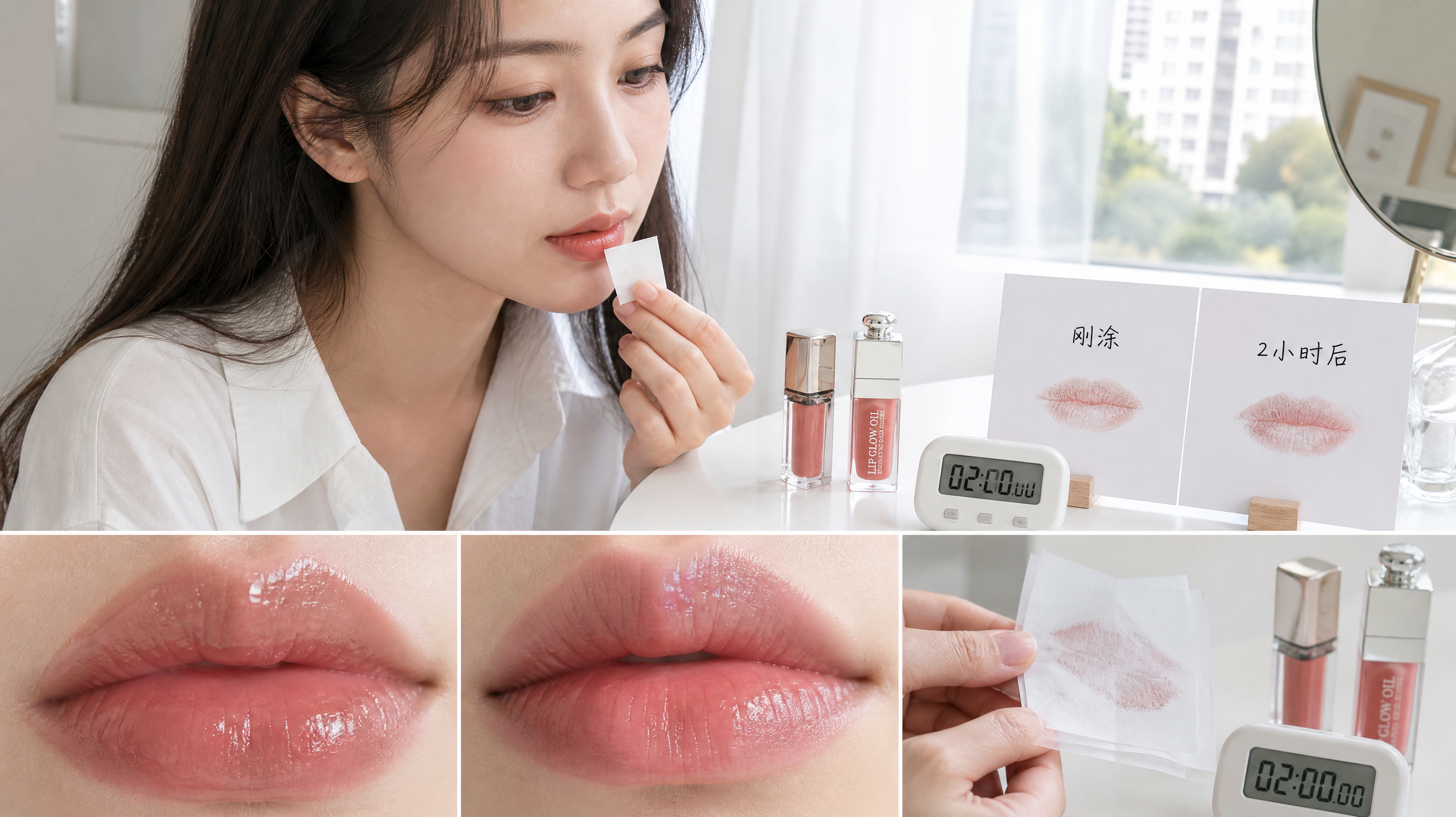 中国年轻女性在白色干净卧室或靠窗梳妆台前,自然光环境,穿白衬衫,进行有色润唇膏与唇油对比测试;画面包