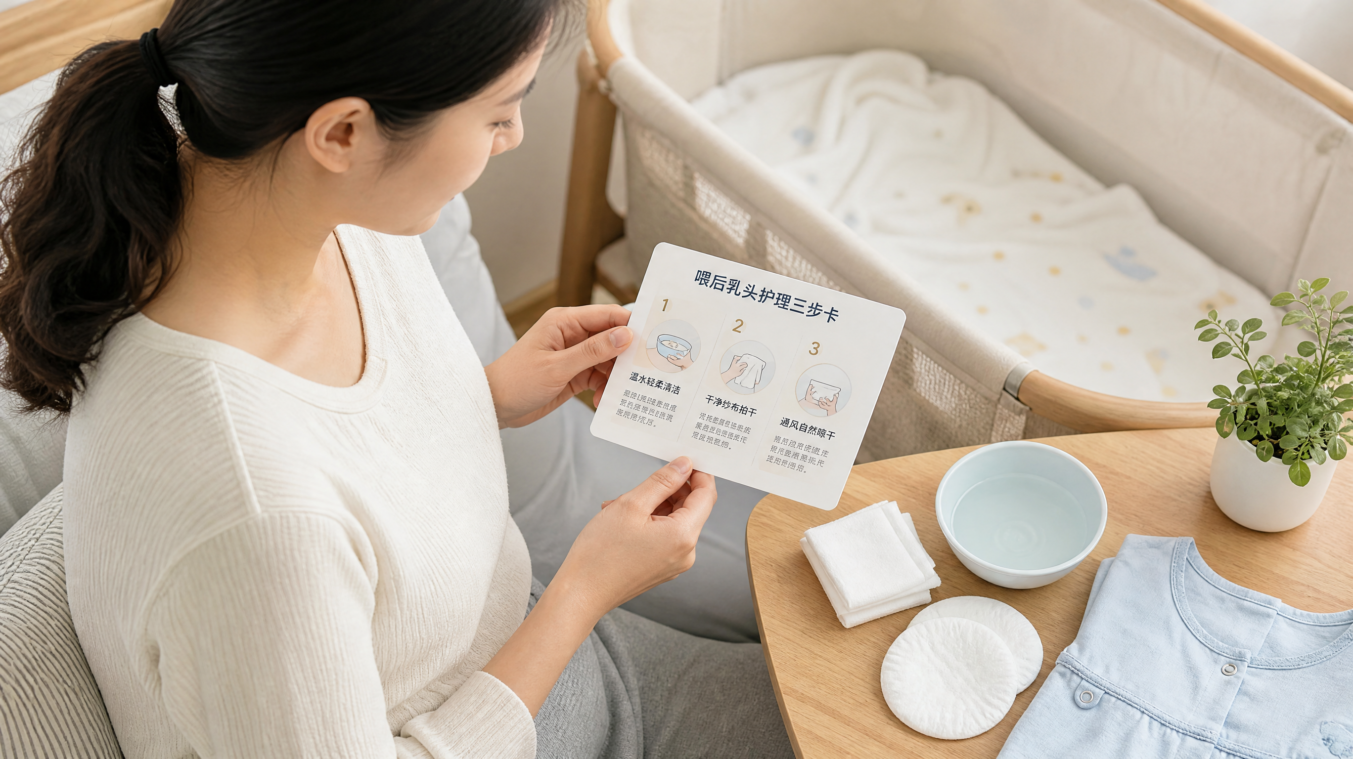 场景为中国家庭卧室或育儿角,干净温暖的生活环境;中国年轻妈妈坐在床边或哺乳椅上,手里拿着一张“喂后乳