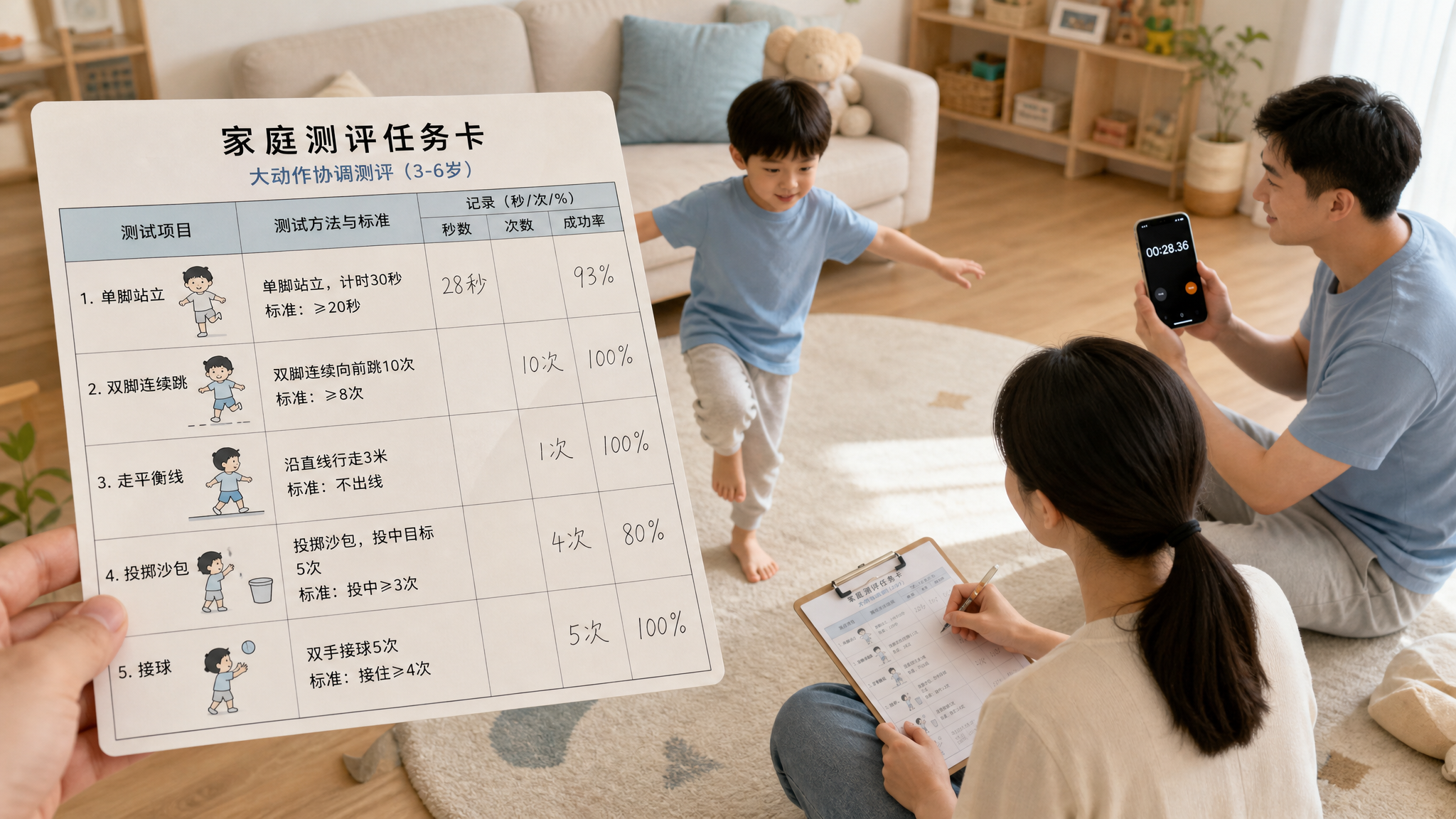 中国年轻父母在家中客厅为3-6岁中国幼儿做“大动作协调测评”，孩子在地毯上单脚站立，父亲手持手机计时
