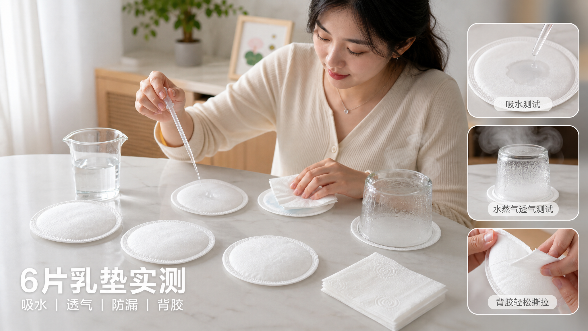 中国年轻妈妈在家中明亮整洁的餐桌前做无香防溢乳垫对比测试,桌面摆放6片白色防溢乳垫(无品牌露出)、透