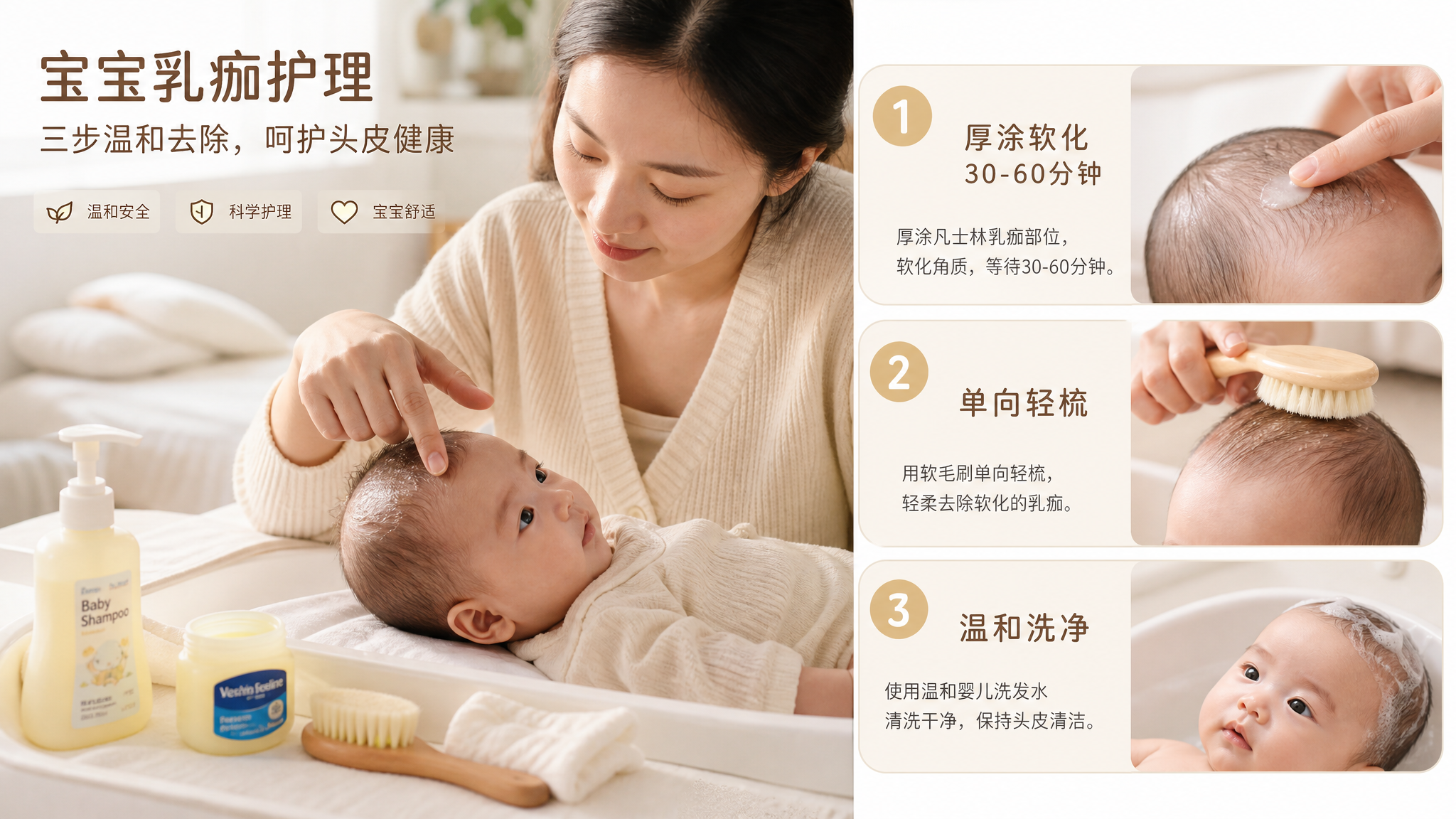 宝宝头上黑黄硬痂别抠：凡士林软化+单向梳除的安全做法