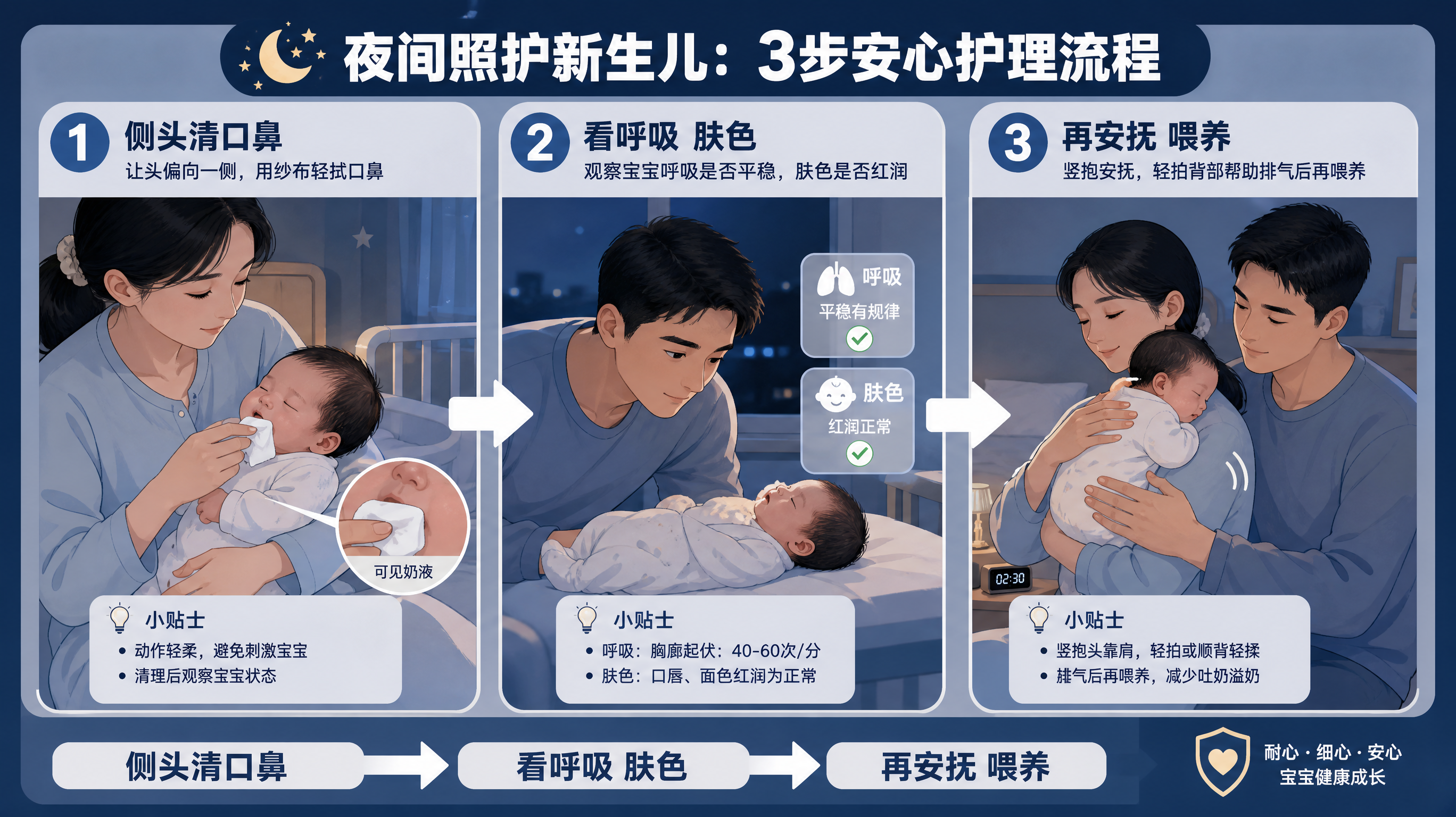 三格信息图风格插画，场景为中国年轻父母夜间在卧室照护新生儿，第一格妈妈抱着中国新生儿让头偏向一侧并用