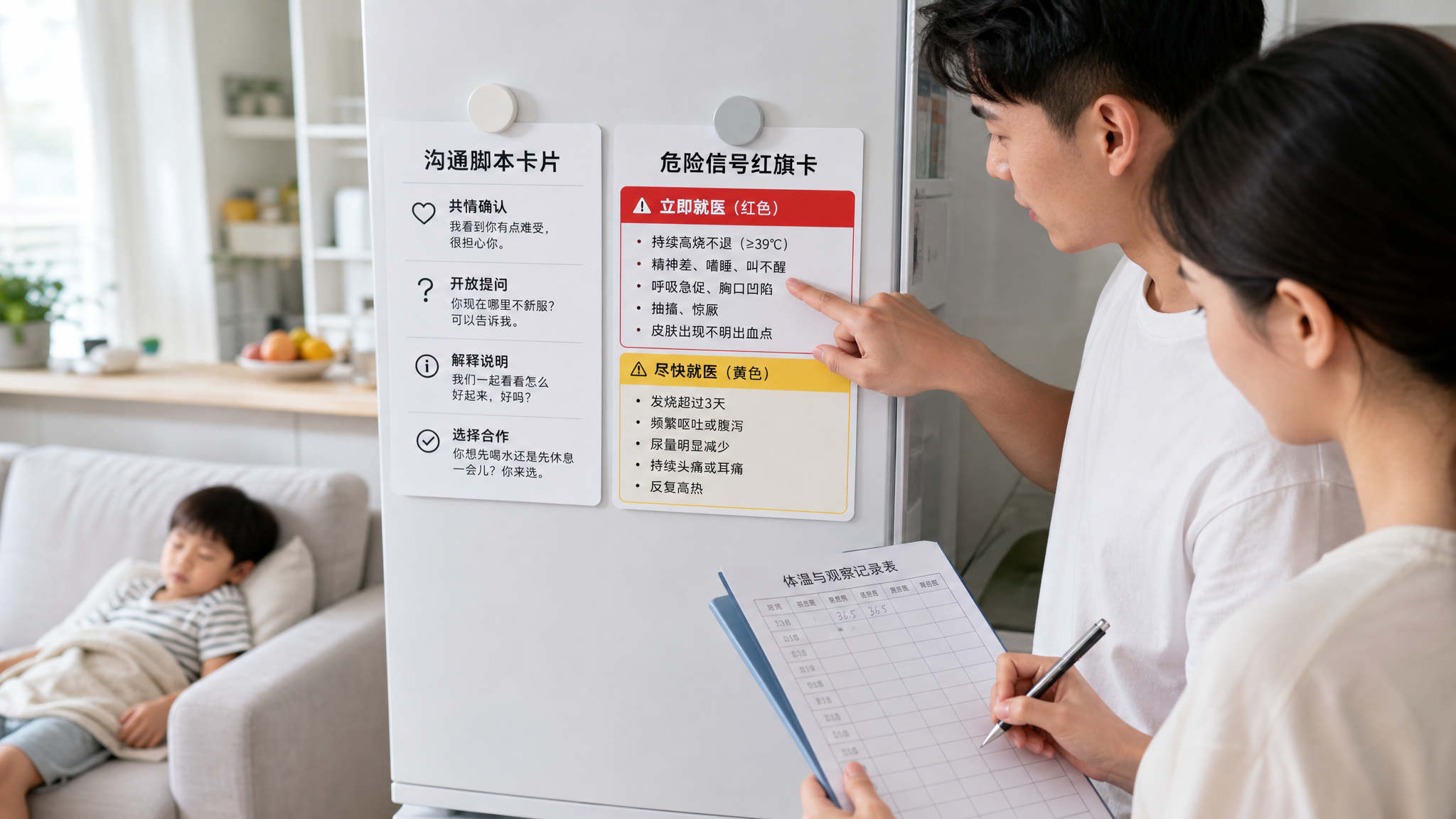 中国家庭厨房场景，明亮整洁的冰箱门上贴着两张卡片：一张黑字白底的“沟通脚本卡片”，一张红黄分级的“危