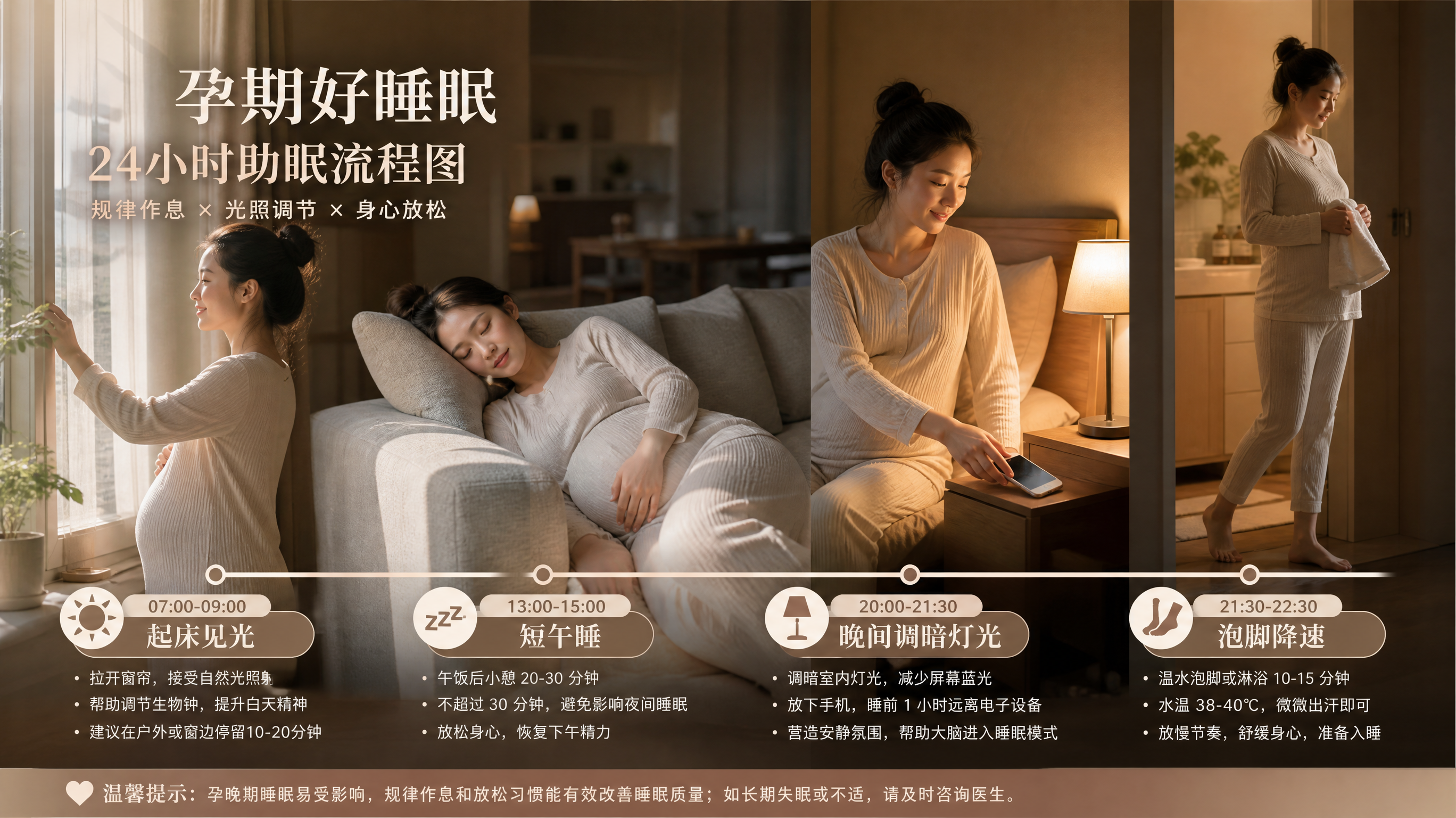 中国孕中晚期年轻孕妈在卧室与客厅交界的温馨家居场景中，画面以时间轴信息图形式呈现“起床见光、短午睡、