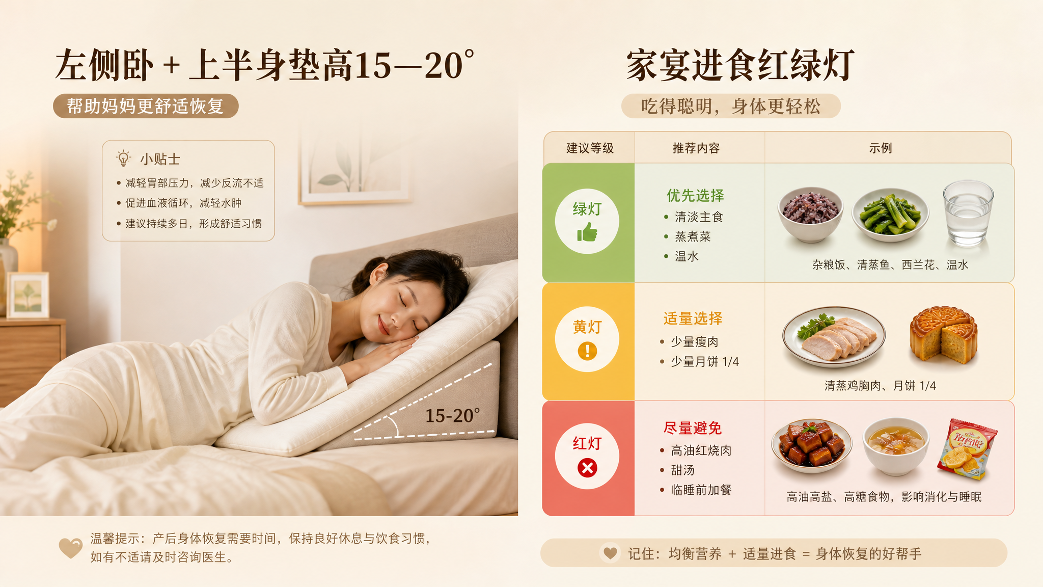 温暖克制的杂志排版风格信息图，画面分为左右两栏：左侧为“左侧卧+上半身垫高15—20°”示意图（中国