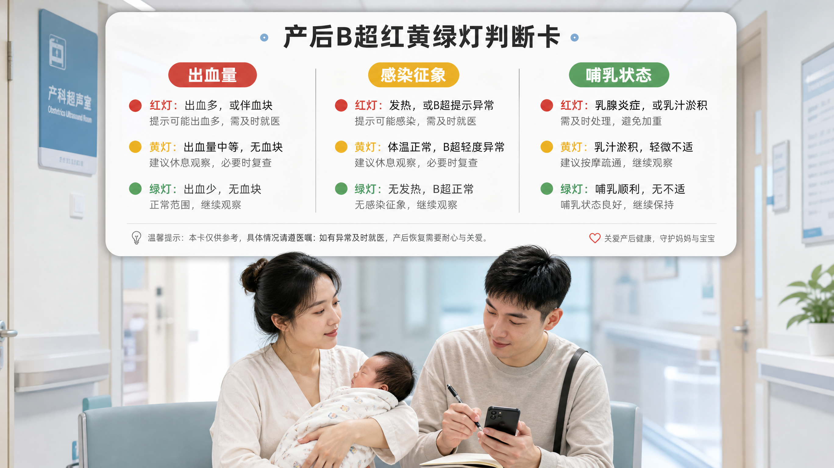 一张信息图风格的画面，主体为“产后B超红黄绿灯判断卡”，卡片上分为三列红黄绿按钮，分别写有“出血量”